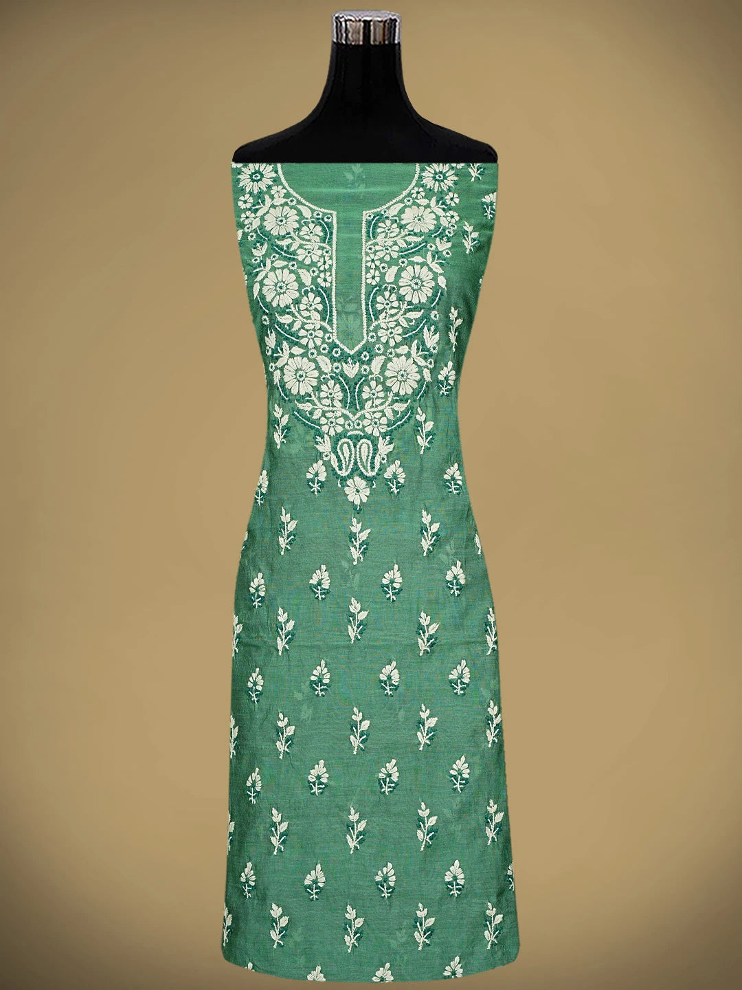 Ada Hand Embroidered Hunter Green Chanderi Lucknowi Chikankari Unstitched Kurta Dupatta Set 01A879592