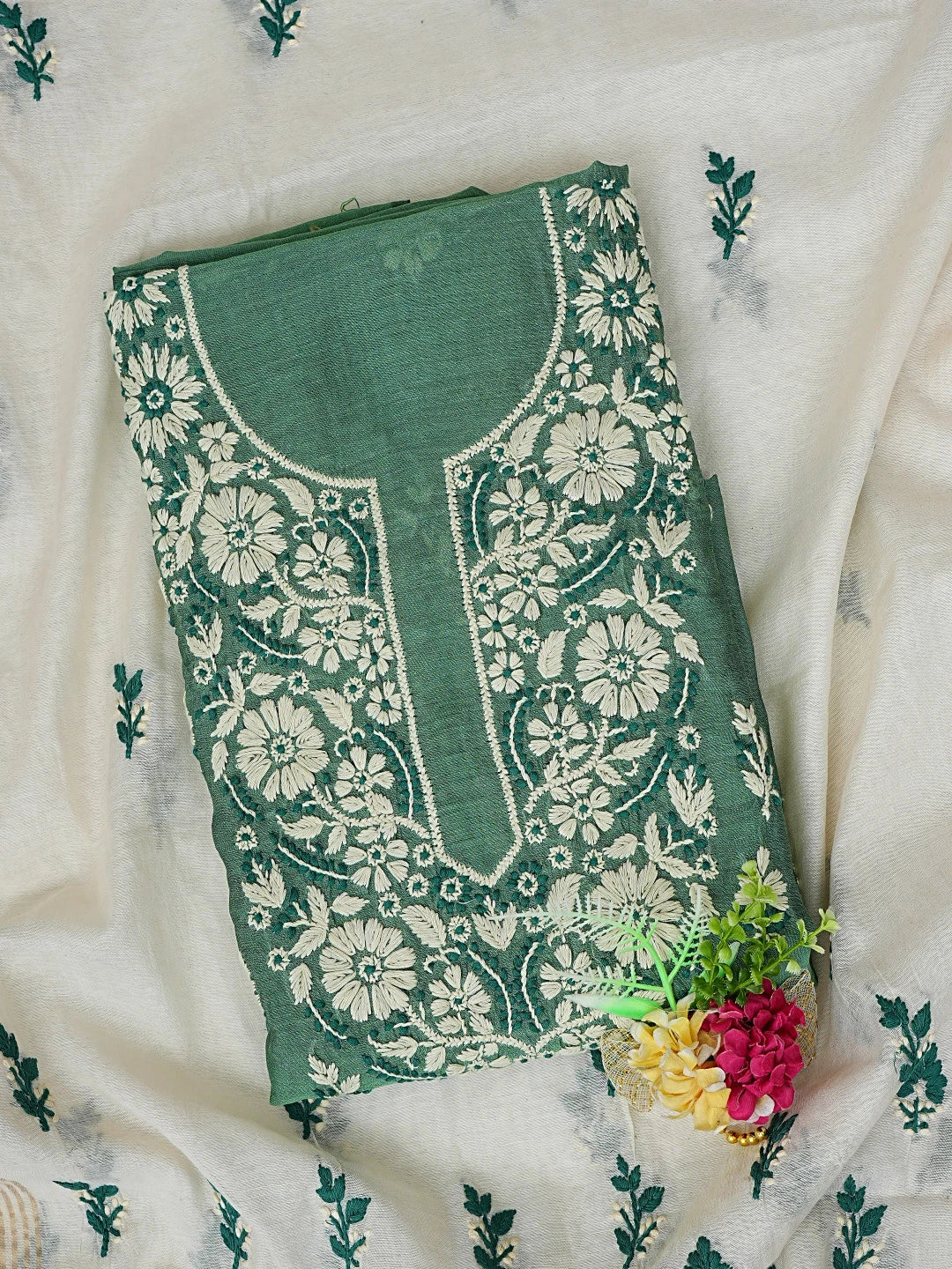 Ada Hand Embroidered Hunter Green Chanderi Lucknowi Chikankari Unstitched Kurta Dupatta Set 01A879592