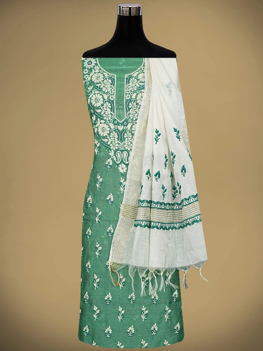 Ada Hand Embroidered Hunter Green Chanderi Lucknowi Chikankari Unstitched Kurta Dupatta Set 01A879592