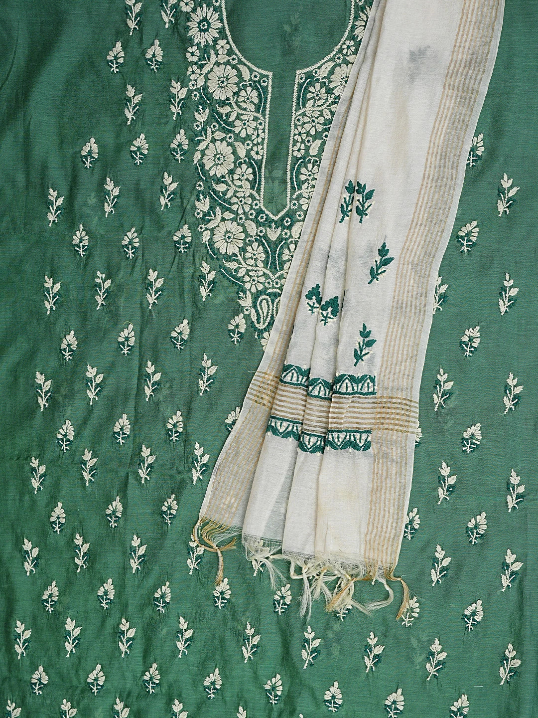 Ada Hand Embroidered Hunter Green Chanderi Lucknowi Chikankari Unstitched Kurta Dupatta Set 01A879592