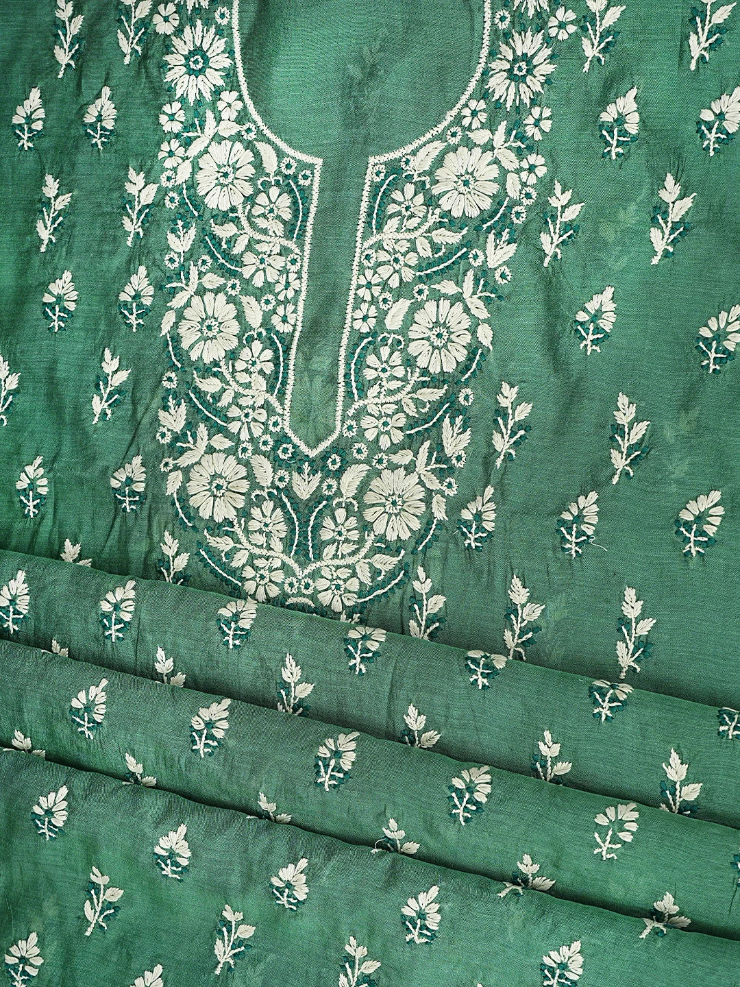 Ada Hand Embroidered Hunter Green Chanderi Lucknowi Chikankari Unstitched Kurta Dupatta Set 01A879592