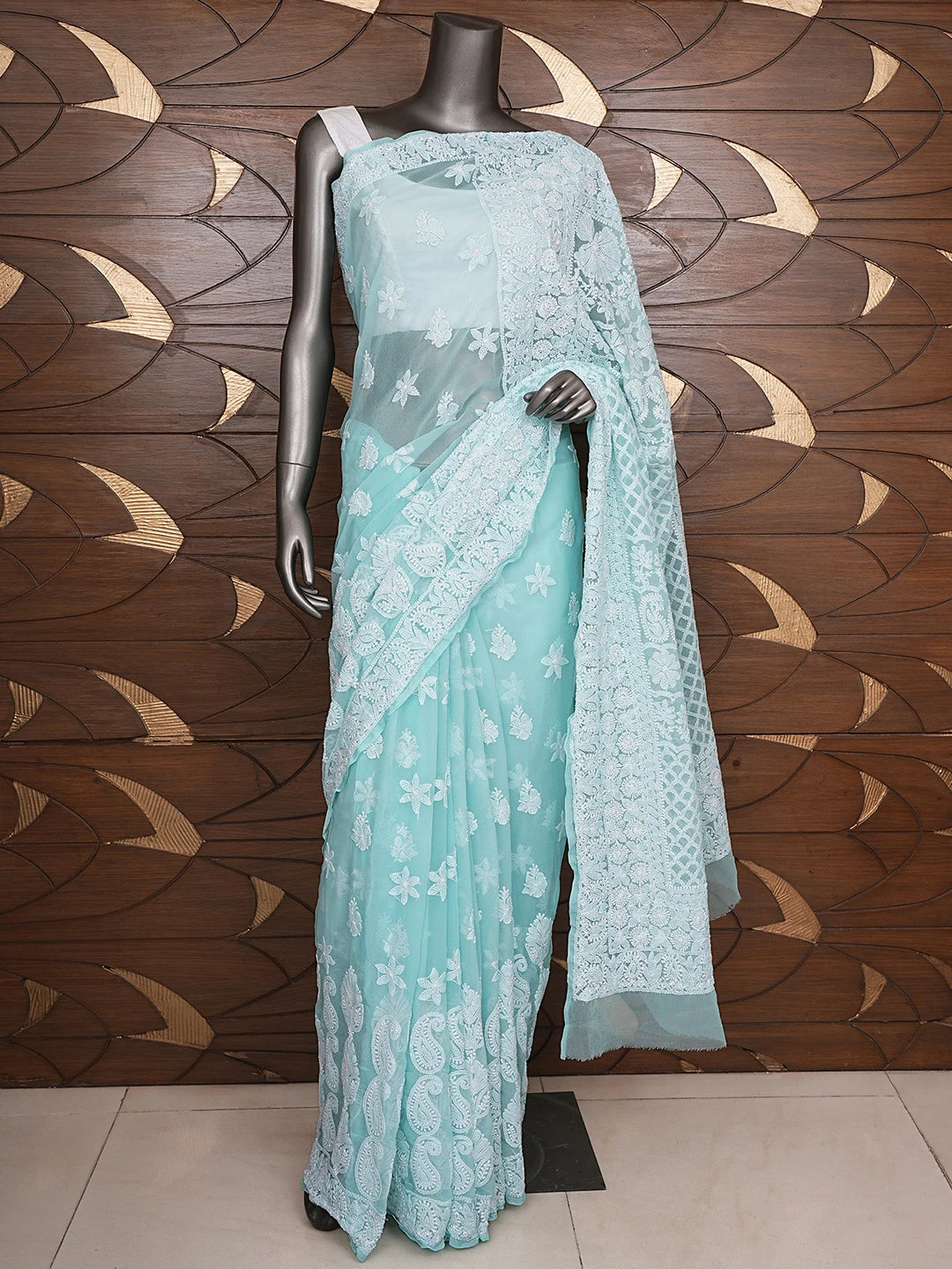 Ada Hand Embroidered Aquamarine Turquoise Georgette Lucknowi Chikankari Saree With Blouse 01A867829