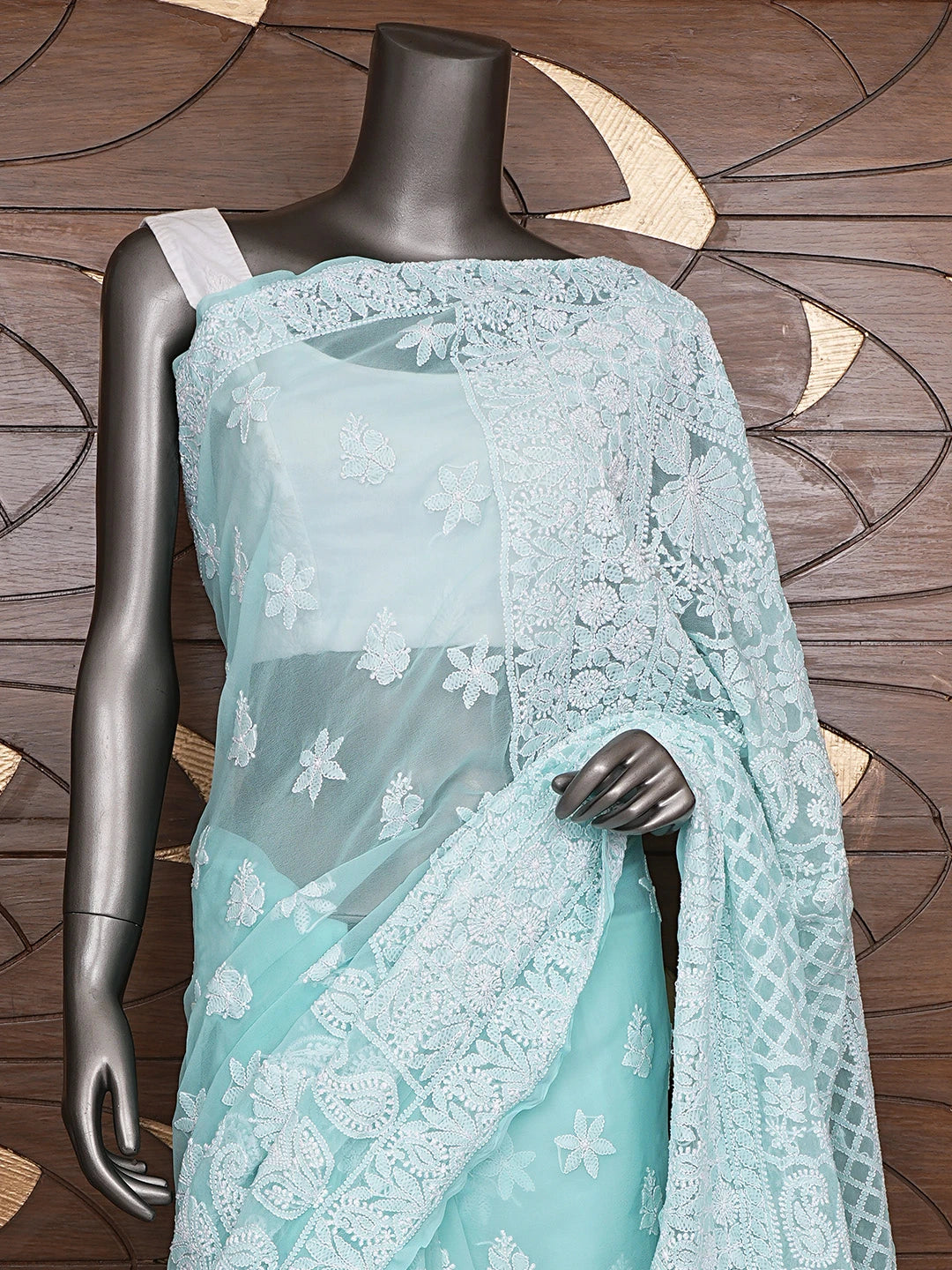 Ada Hand Embroidered Aquamarine Turquoise Georgette Lucknowi Chikankari Saree With Blouse 01A867829