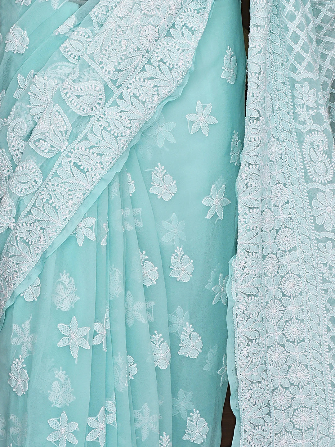 Ada Hand Embroidered Aquamarine Turquoise Georgette Lucknowi Chikankari Saree With Blouse 01A867829
