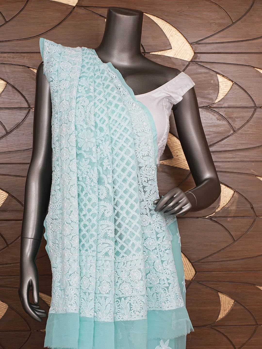 Ada Hand Embroidered Aquamarine Turquoise Georgette Lucknowi Chikankari Saree With Blouse 01A867829