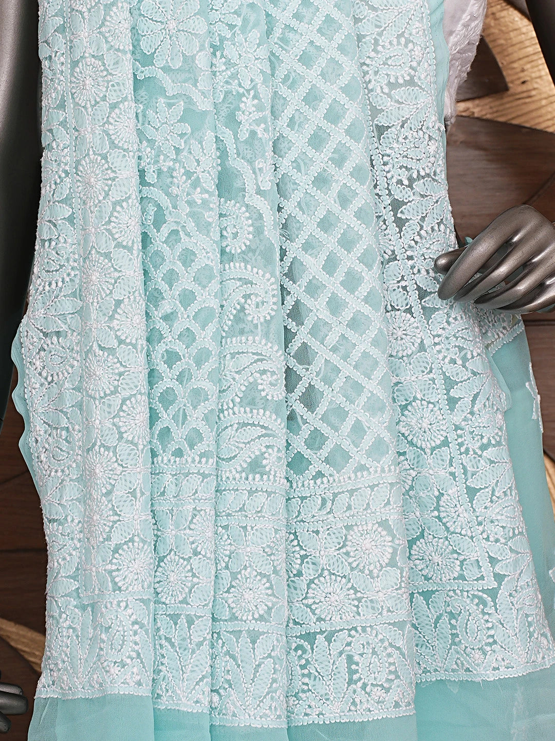 Ada Hand Embroidered Aquamarine Turquoise Georgette Lucknowi Chikankari Saree With Blouse 01A867829