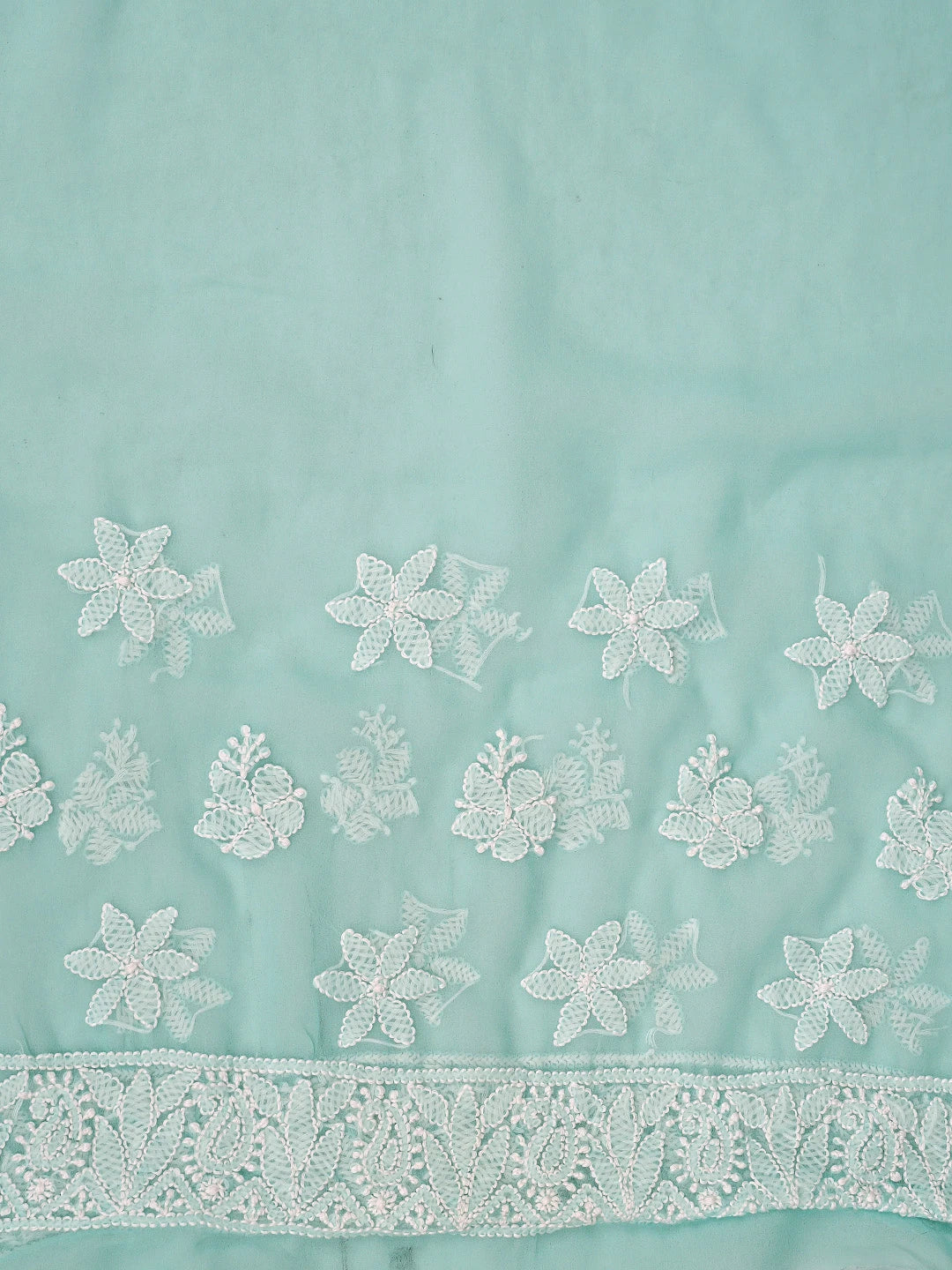Ada Hand Embroidered Aquamarine Turquoise Georgette Lucknowi Chikankari Saree With Blouse 01A867829