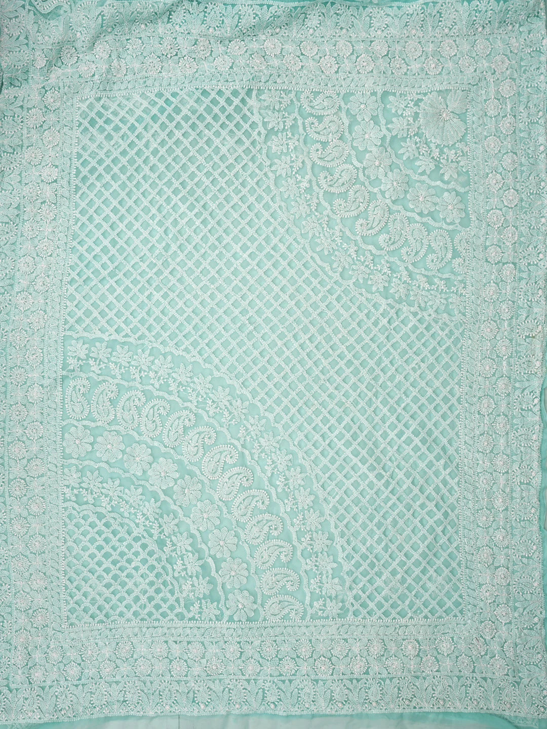 Ada Hand Embroidered Aquamarine Turquoise Georgette Lucknowi Chikankari Saree With Blouse 01A867829