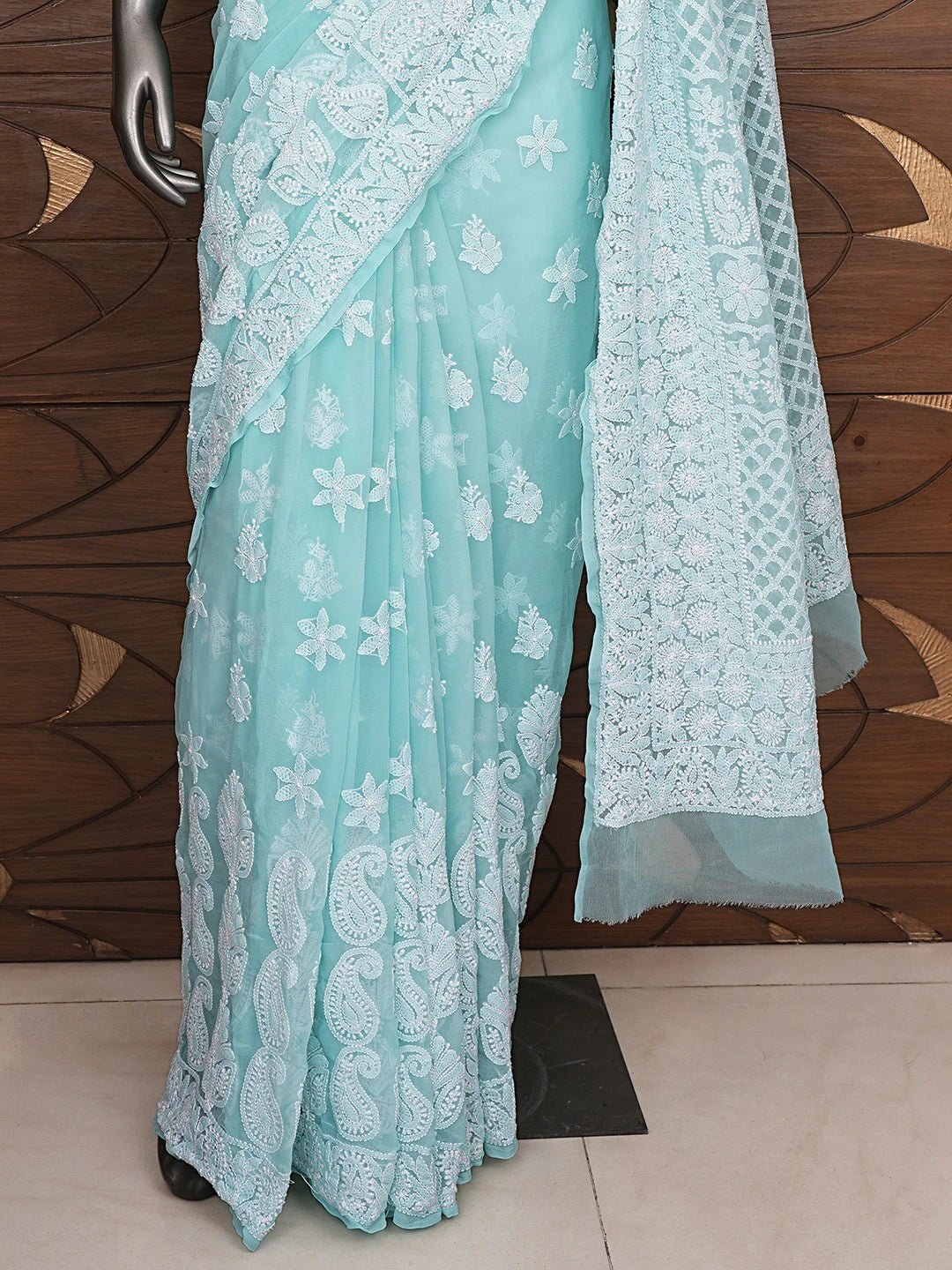 Ada Hand Embroidered Aquamarine Turquoise Georgette Lucknowi Chikankari Saree With Blouse 01A867829