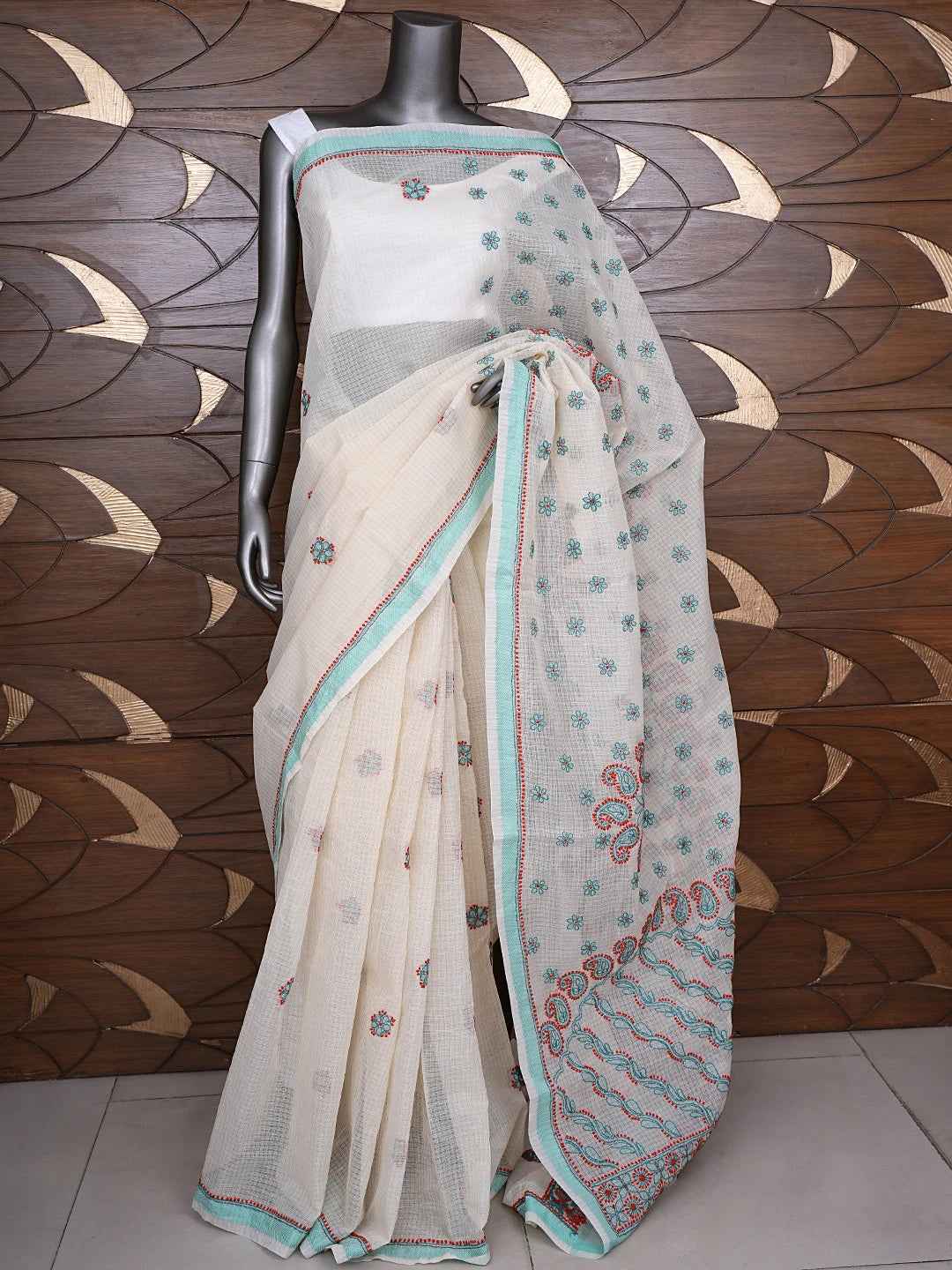 Ada Hand Embroidered Cream Chanderi Lucknowi Chikankari Saree With Blouse 01A867914