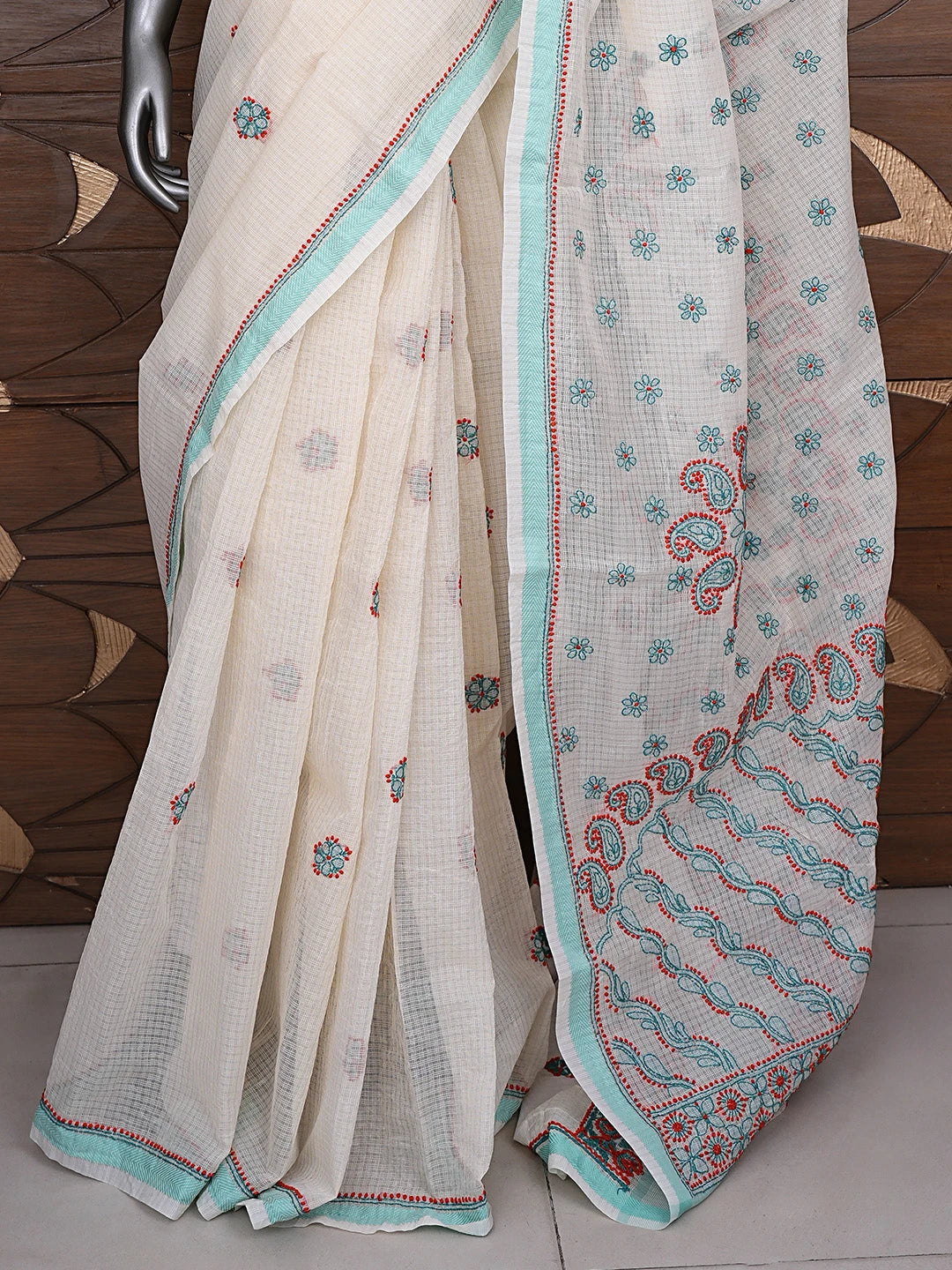 Ada Hand Embroidered Cream Chanderi Lucknowi Chikankari Saree With Blouse 01A867914