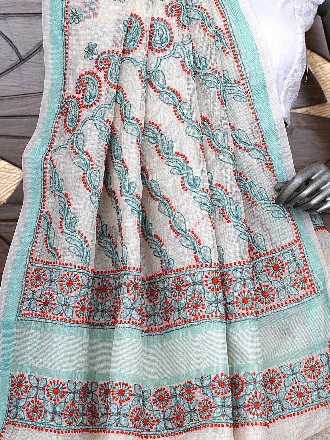Ada Hand Embroidered Cream Chanderi Lucknowi Chikankari Saree With Blouse 01A867914