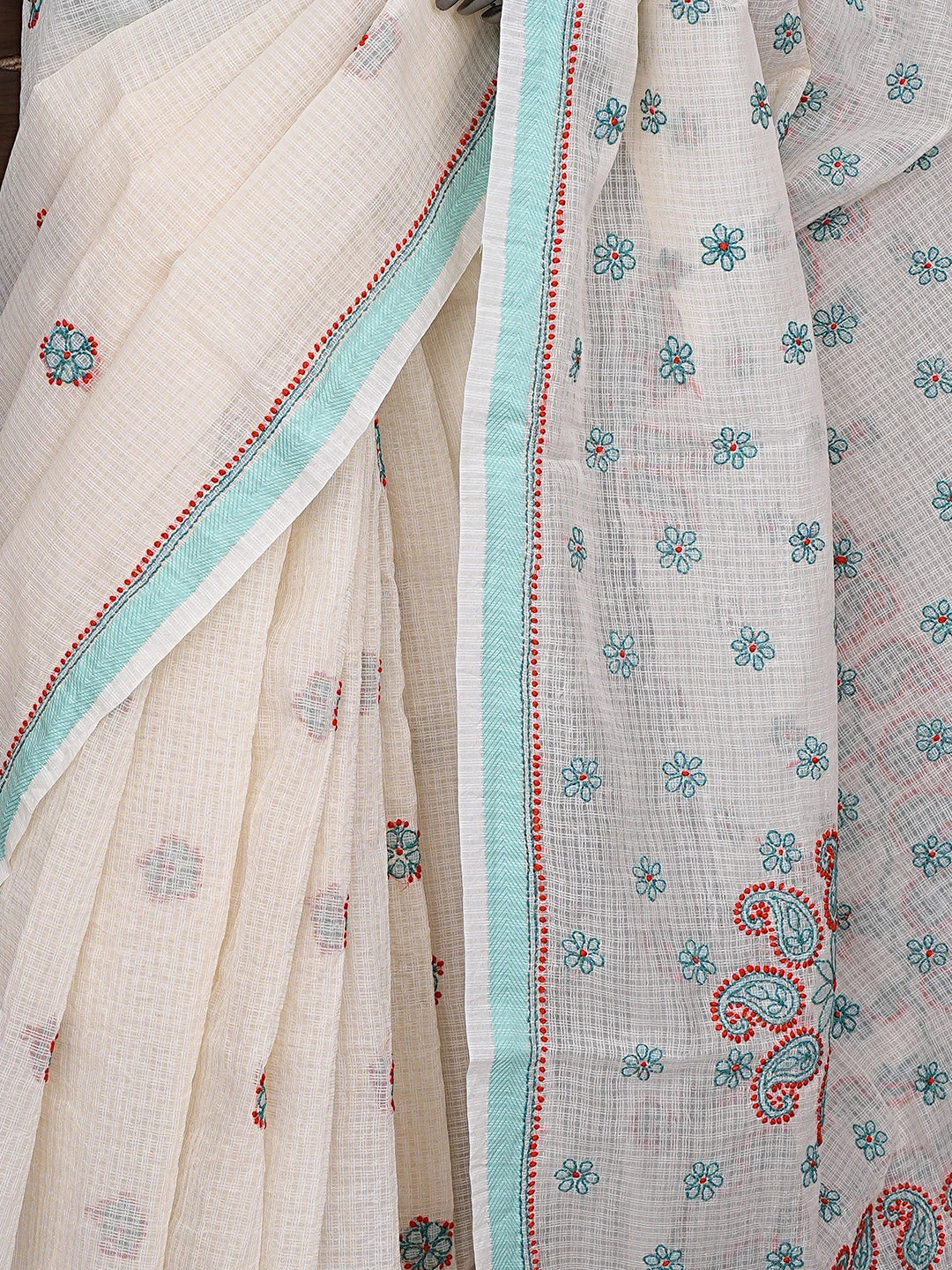 Ada Hand Embroidered Cream Chanderi Lucknowi Chikankari Saree With Blouse 01A867914