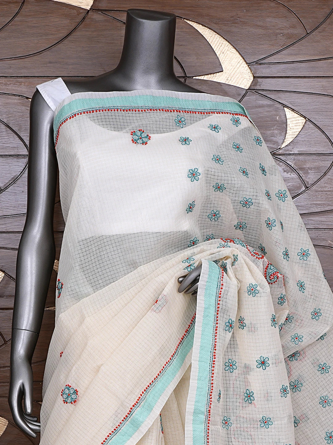 Ada Hand Embroidered Cream Chanderi Lucknowi Chikankari Saree With Blouse 01A867914