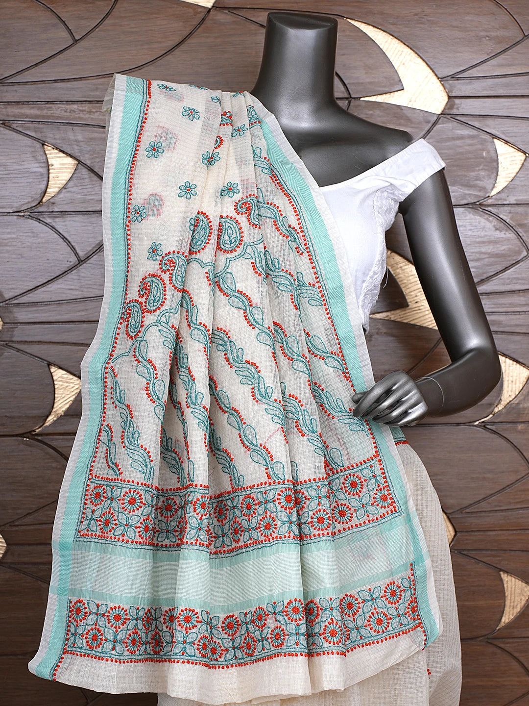 Ada Hand Embroidered Cream Chanderi Lucknowi Chikankari Saree With Blouse 01A867914