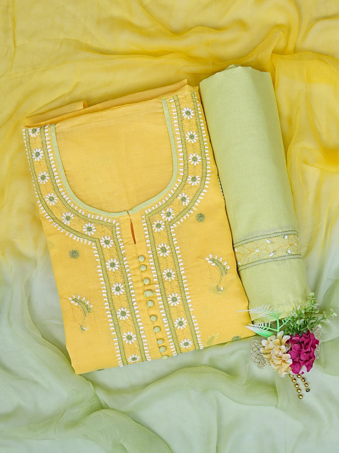 Ada Hand Embroidered Yellow Cotton Lucknowi Chikankari Unstitched Suit Piece 01A879666