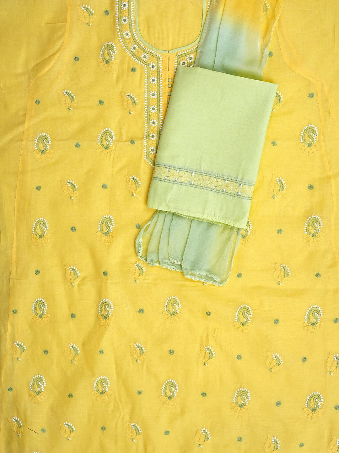 Ada Hand Embroidered Yellow Cotton Lucknowi Chikankari Unstitched Suit Piece 01A879666