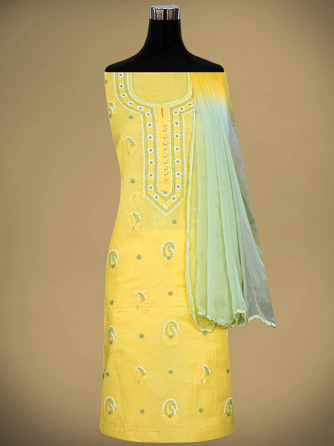 Ada Hand Embroidered Yellow Cotton Lucknowi Chikankari Unstitched Suit Piece 01A879666