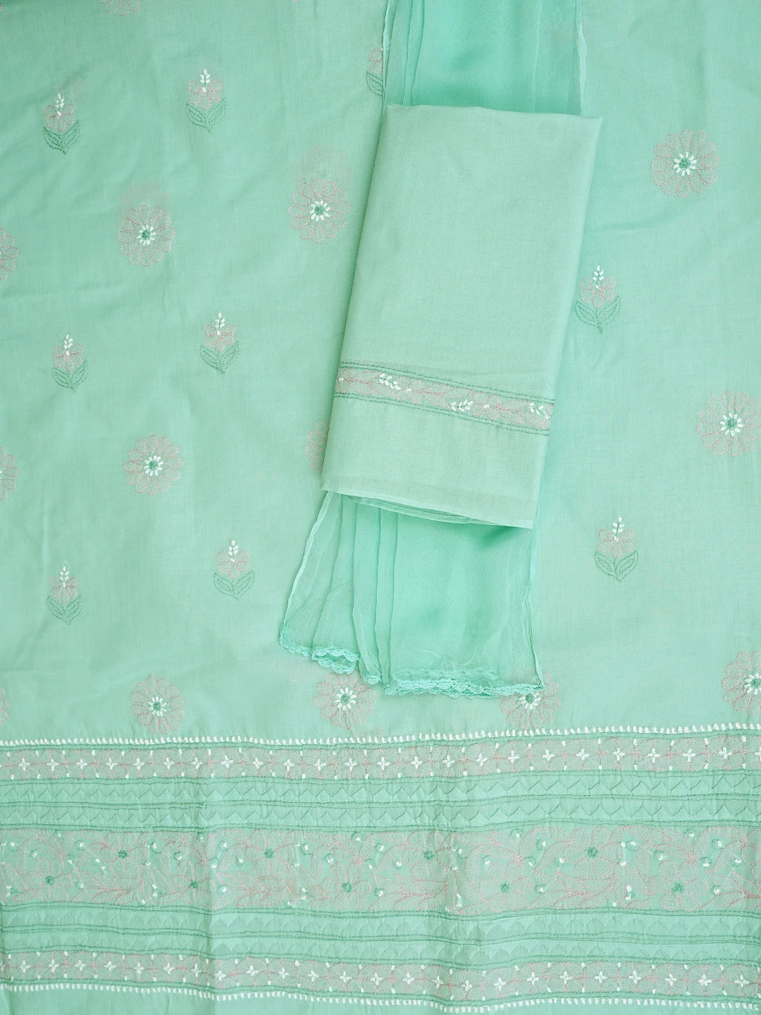 Ada Hand Embroidered Sea Green Cotton Lucknowi Chikankari Unstitched Suit Piece 01A879653