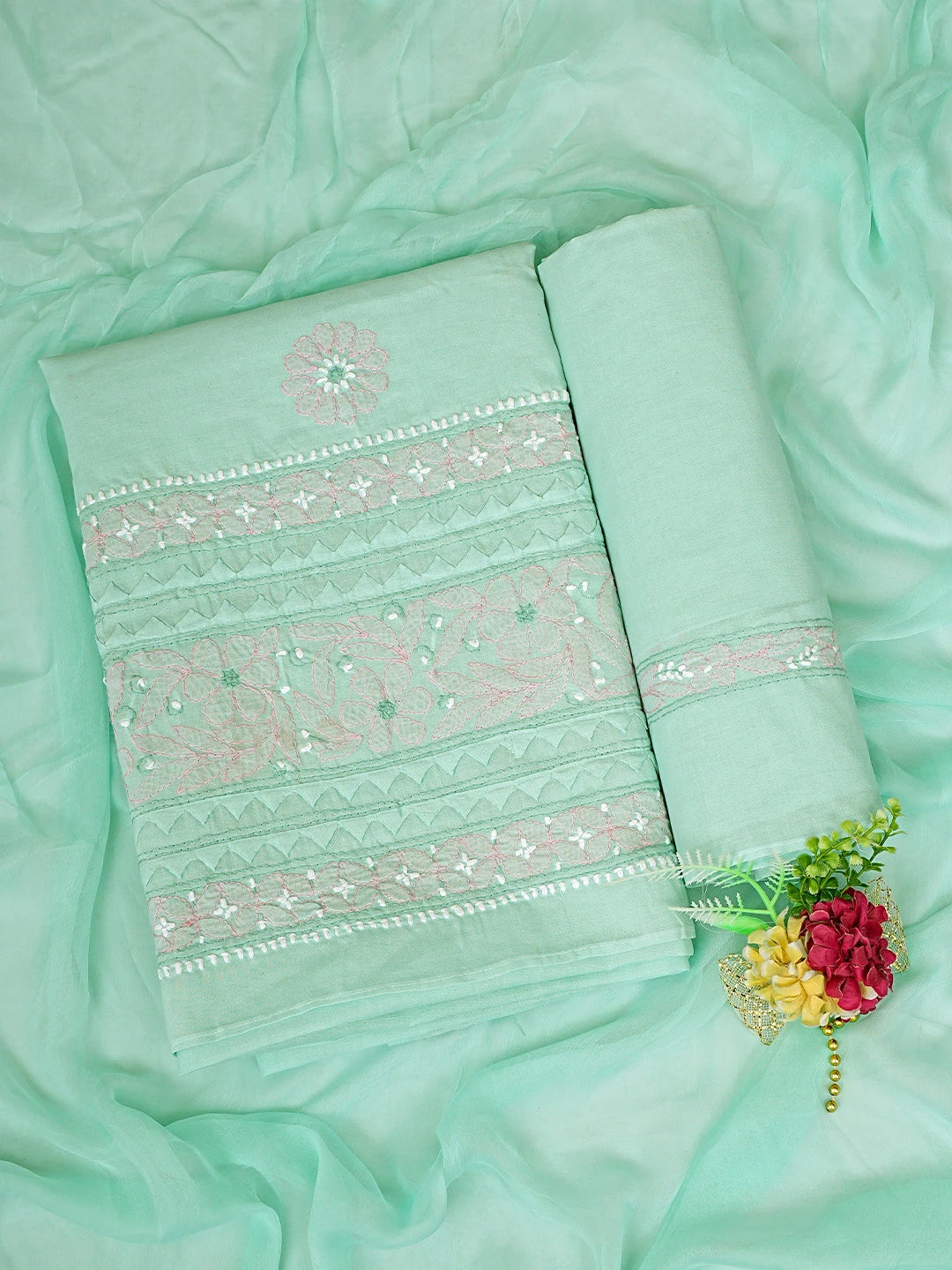 Ada Hand Embroidered Sea Green Cotton Lucknowi Chikankari Unstitched Suit Piece 01A879653