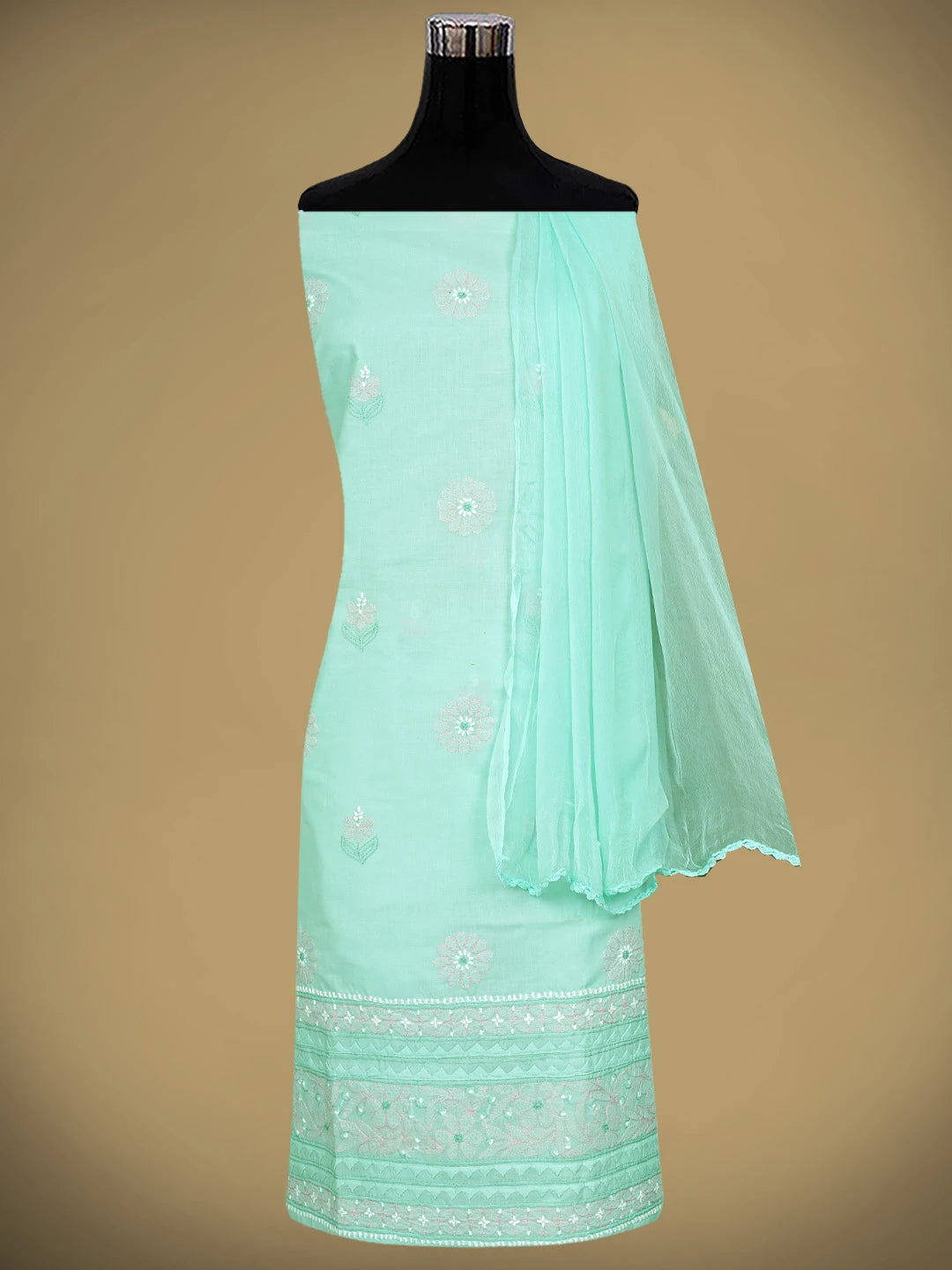 Ada Hand Embroidered Sea Green Cotton Lucknowi Chikankari Unstitched Suit Piece 01A879653