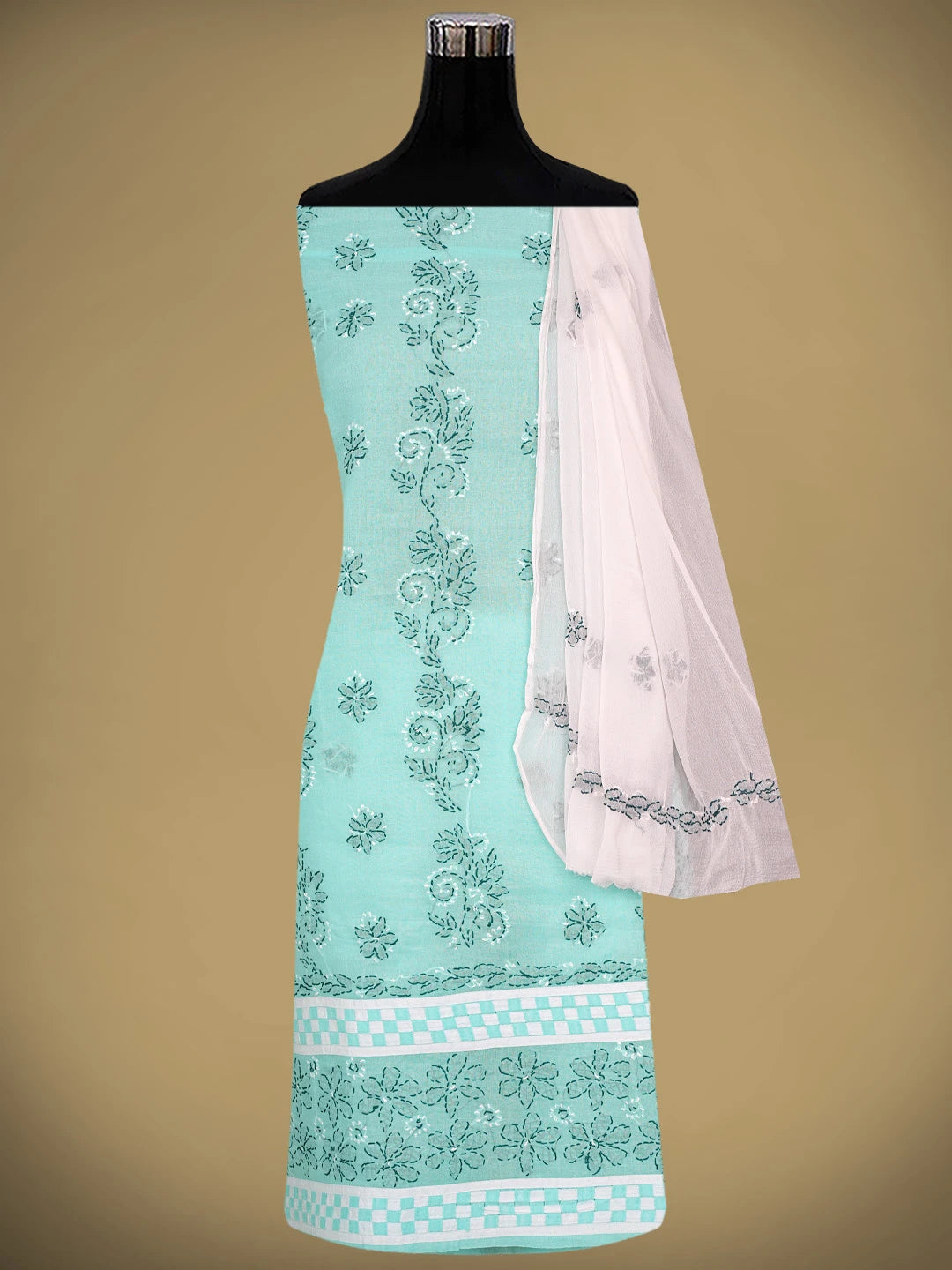 Ada Hand Embroidered Sea Green Cotton Lucknowi Chikankari Unstitched Suit Piece with Chiffon Dupatta 01A882756