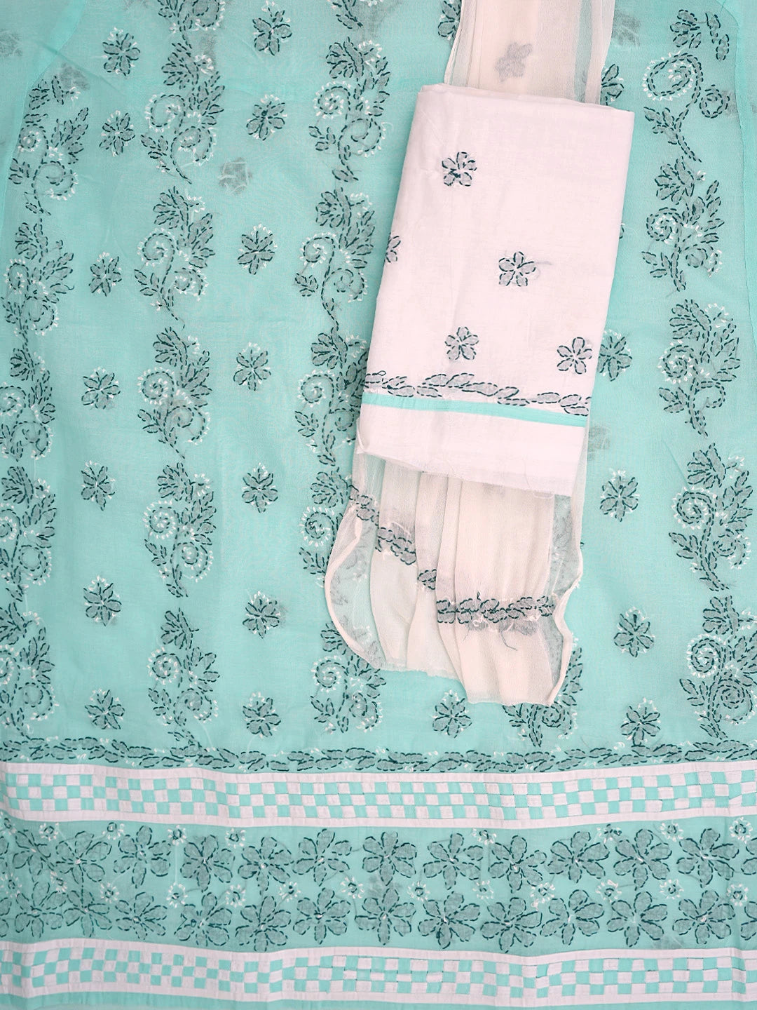 Ada Hand Embroidered Sea Green Cotton Lucknowi Chikankari Unstitched Suit Piece with Chiffon Dupatta 01A882756