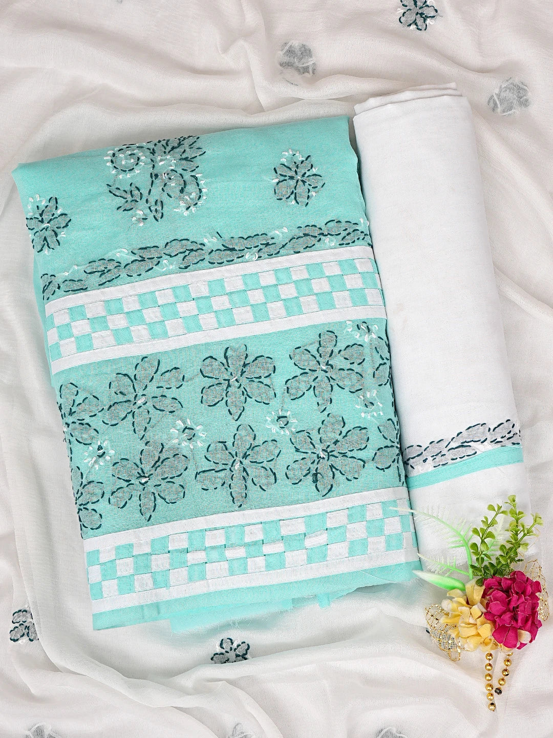 Ada Hand Embroidered Sea Green Cotton Lucknowi Chikankari Unstitched Suit Piece with Chiffon Dupatta 01A882756