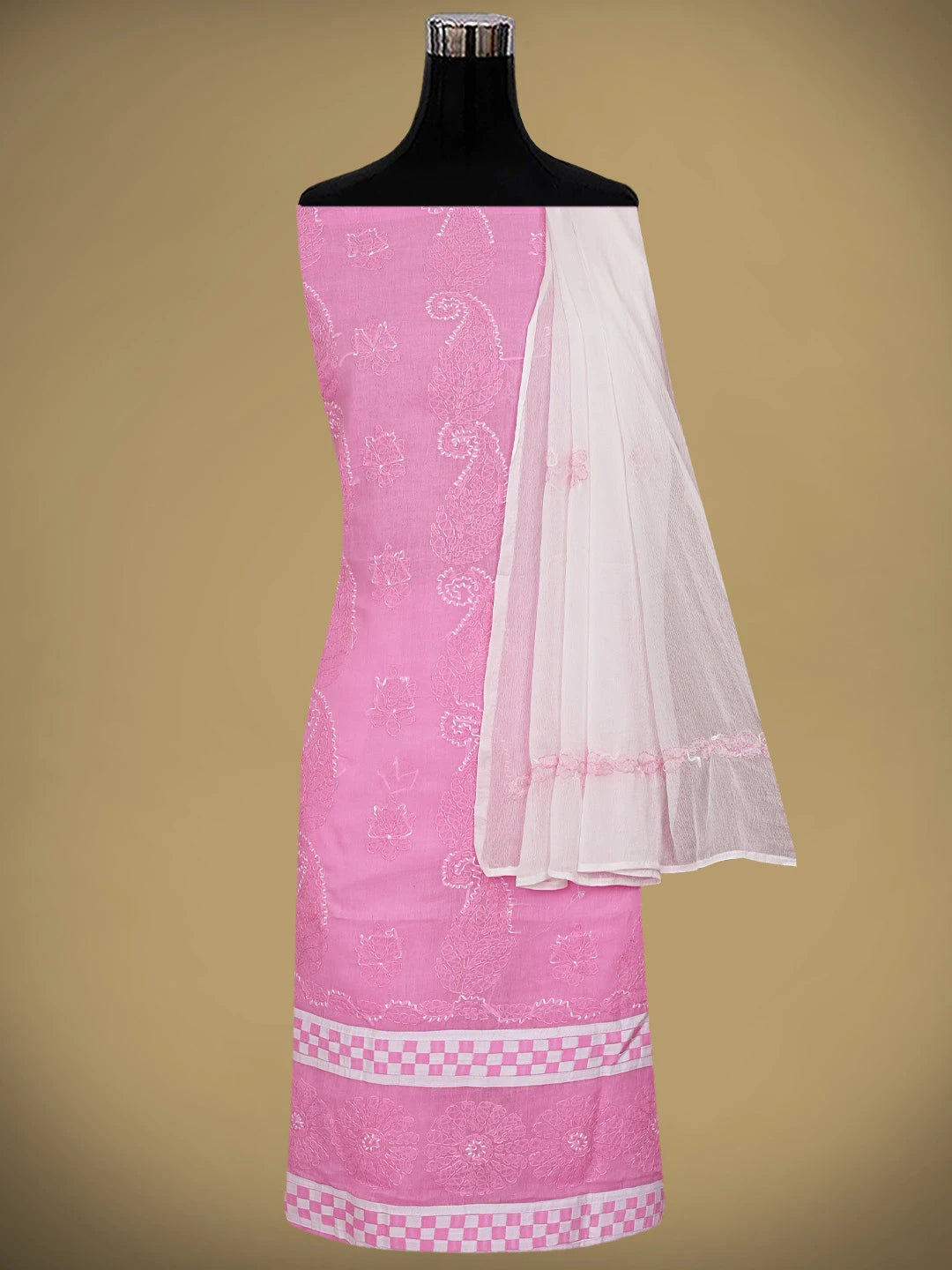 Ada Hand Embroidered Pink Cotton Lucknowi Chikankari Unstitched Suit Piece with Chiffon Dupatta 01A878298