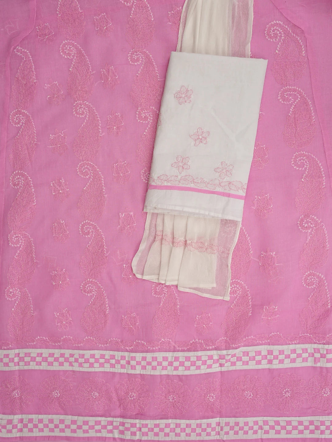 Ada Hand Embroidered Pink Cotton Lucknowi Chikankari Unstitched Suit Piece with Chiffon Dupatta 01A878298