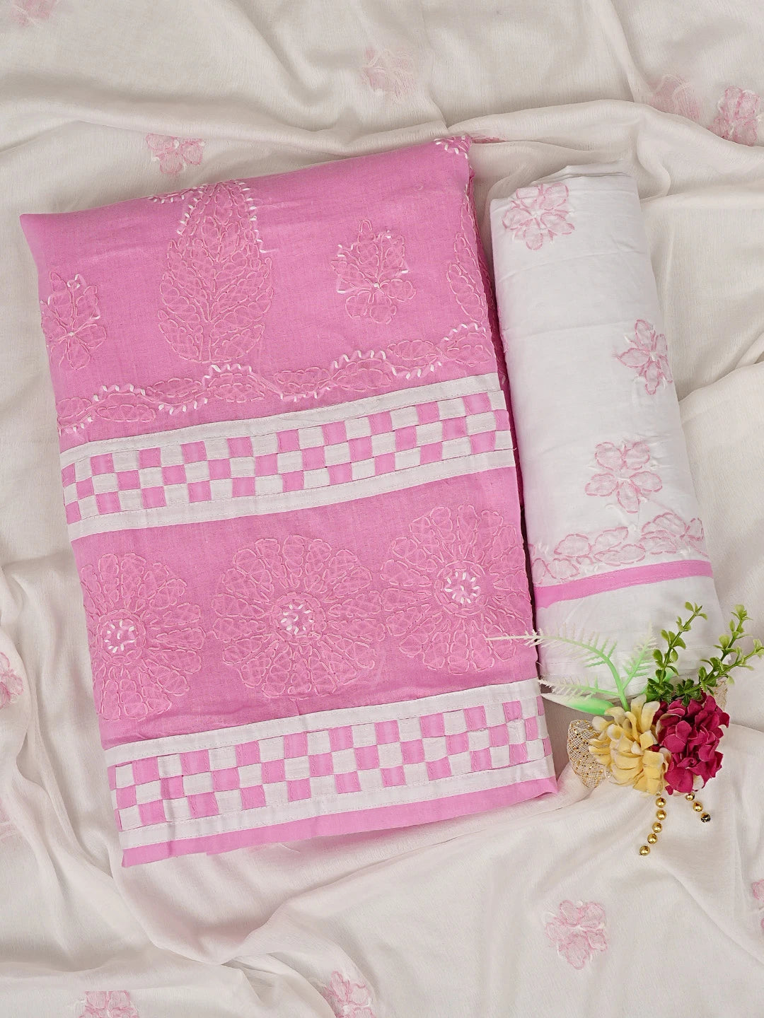 Ada Hand Embroidered Pink Cotton Lucknowi Chikankari Unstitched Suit Piece with Chiffon Dupatta 01A878298