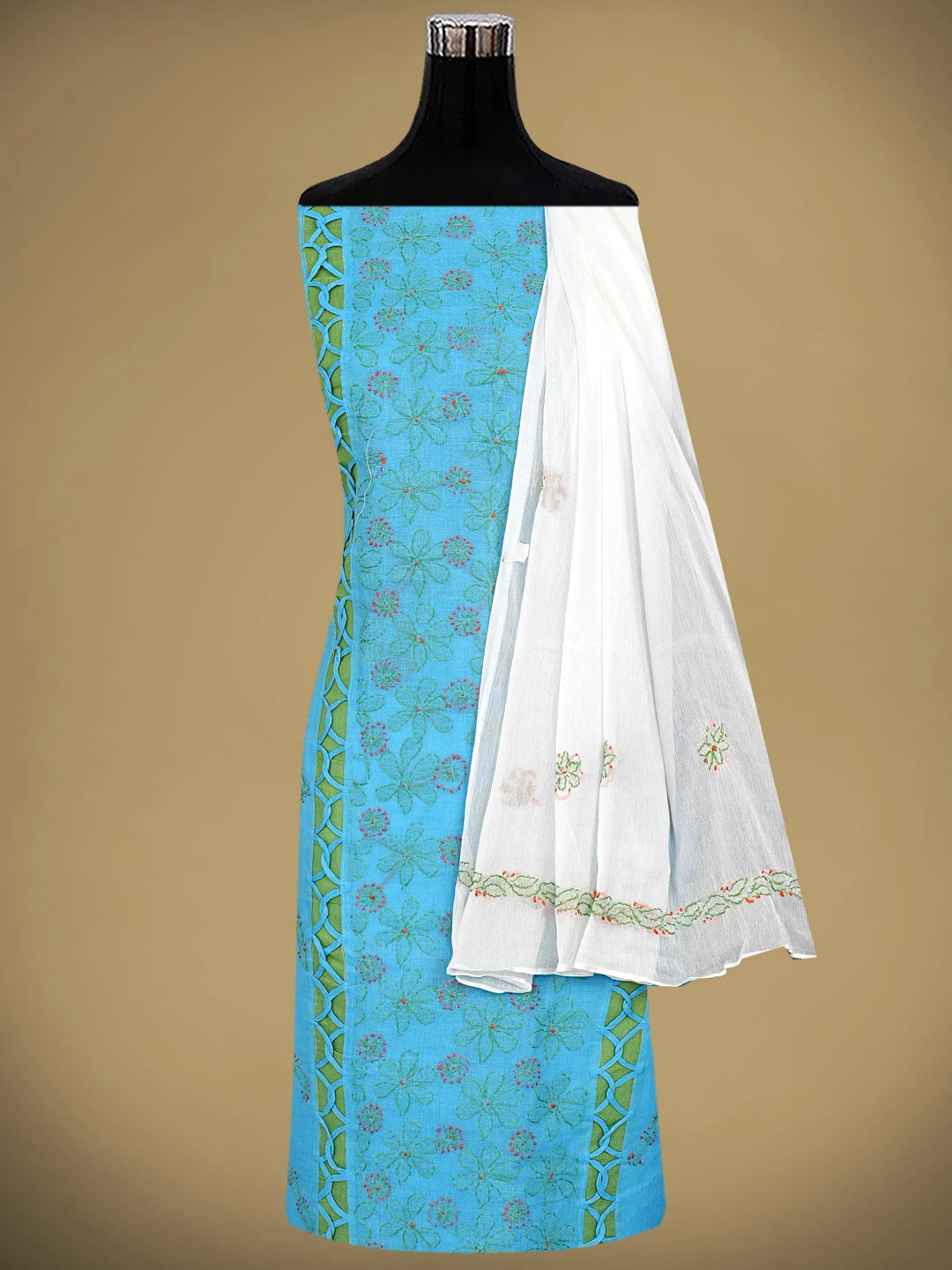 Ada Hand Embroidered Blue Cotton Lucknowi Chikankari Unstitched Suit Piece with Chiffon Dupatta 01A878310