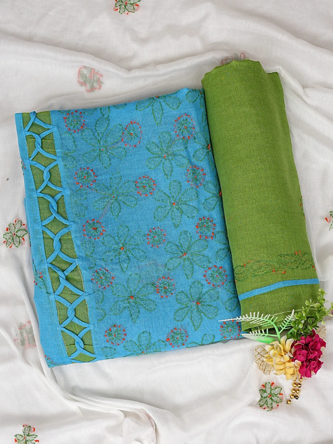 Ada Hand Embroidered Blue Cotton Lucknowi Chikankari Unstitched Suit Piece with Chiffon Dupatta 01A878310
