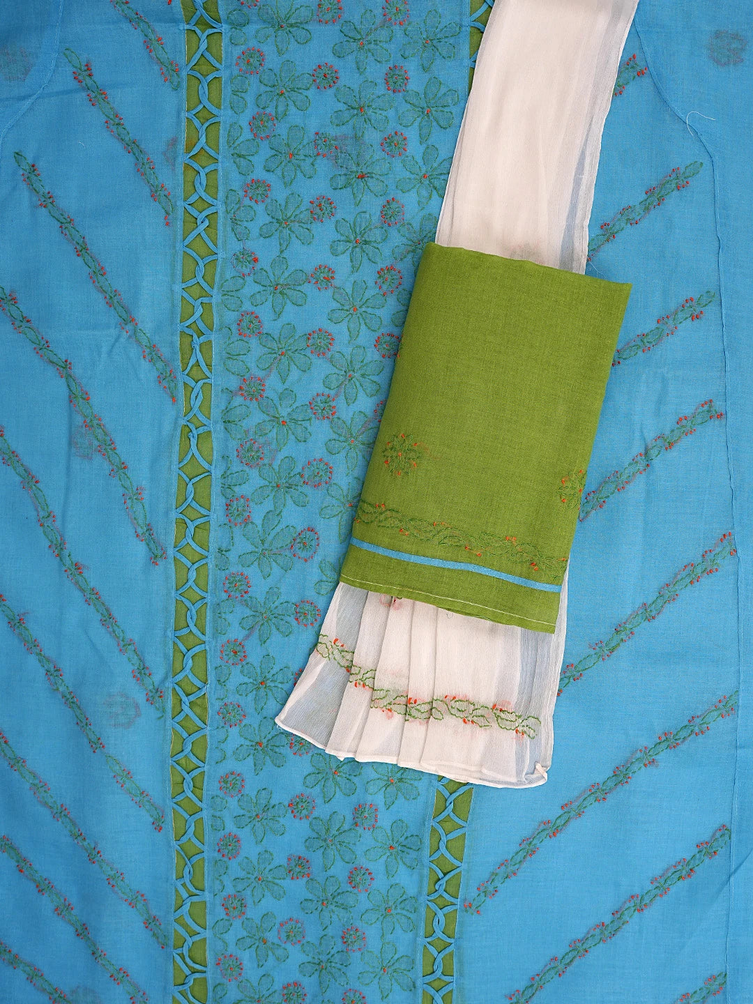 Ada Hand Embroidered Blue Cotton Lucknowi Chikankari Unstitched Suit Piece with Chiffon Dupatta 01A878310