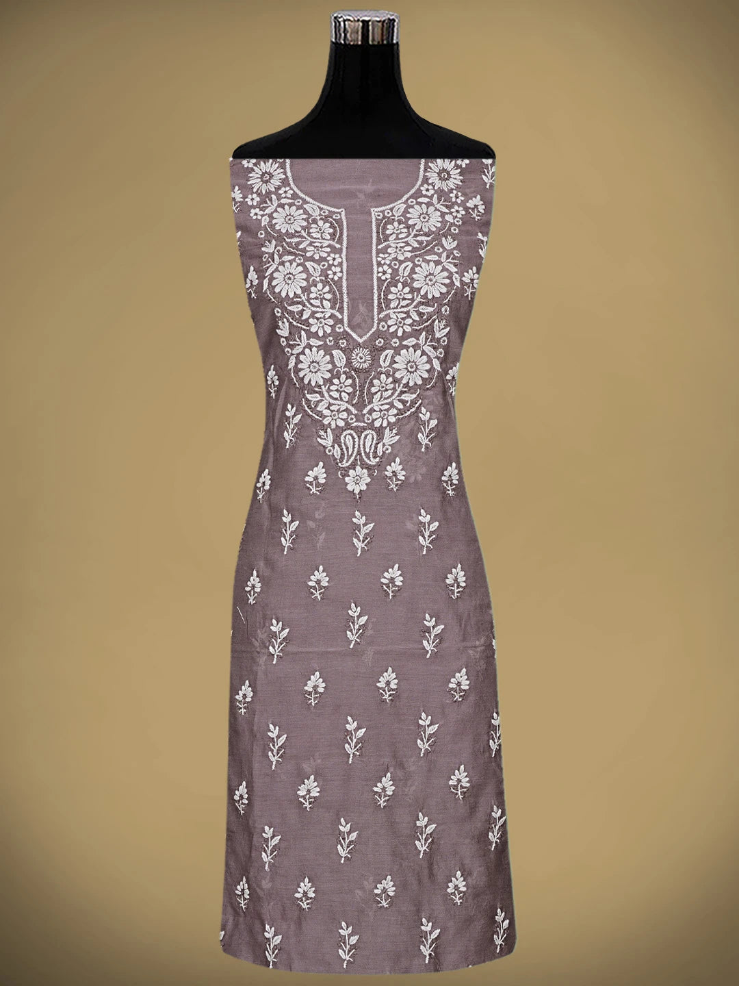 Ada Hand Embroidered Brown Chanderi Lucknowi Chikankari Unstitched Kurta Dupatta Set 01A879579