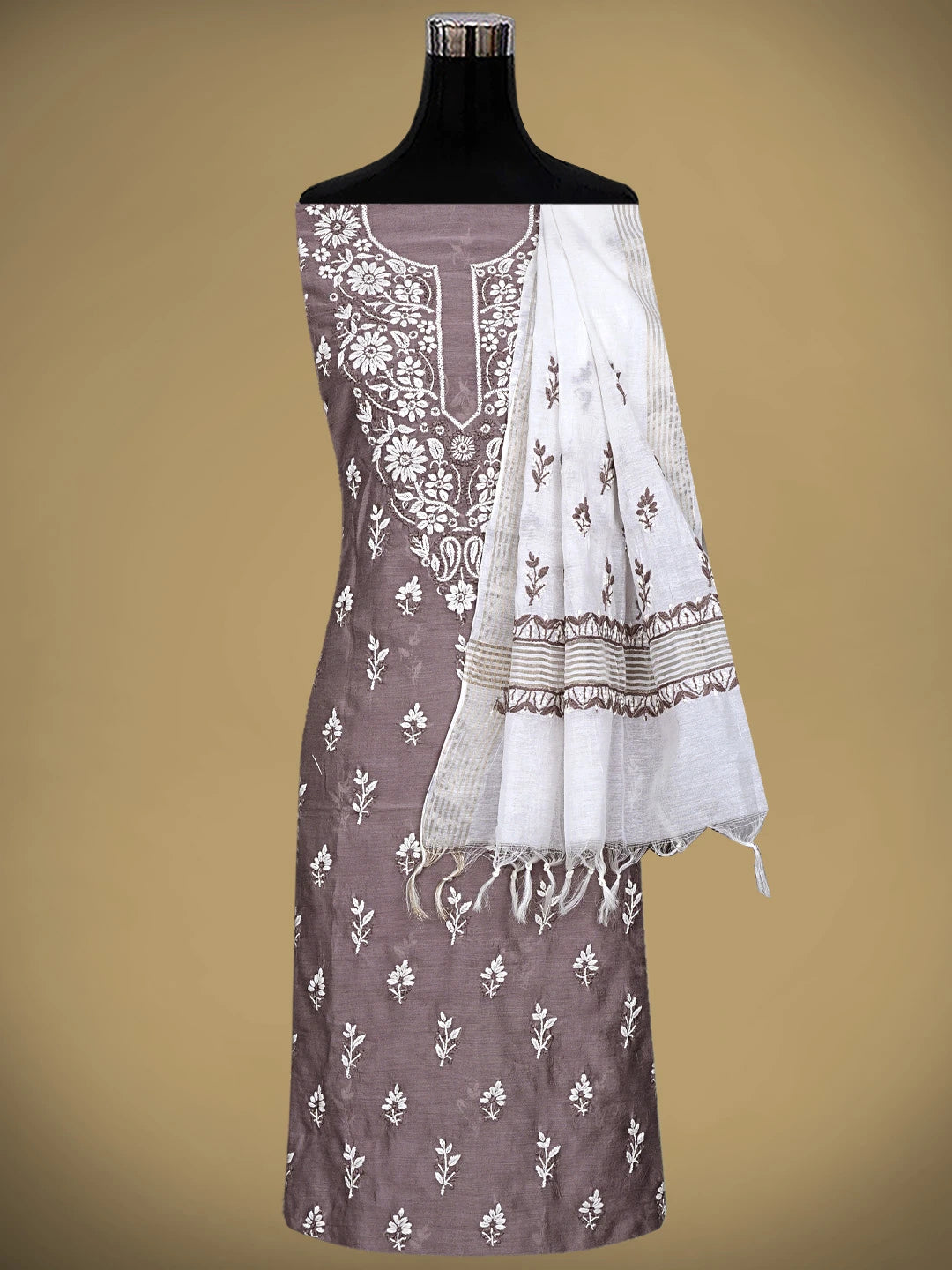 Ada Hand Embroidered Brown Chanderi Lucknowi Chikankari Unstitched Kurta Dupatta Set 01A879579