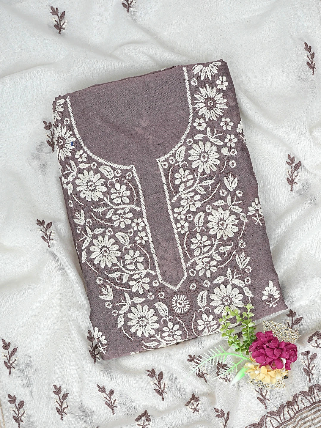 Ada Hand Embroidered Brown Chanderi Lucknowi Chikankari Unstitched Kurta Dupatta Set 01A879579