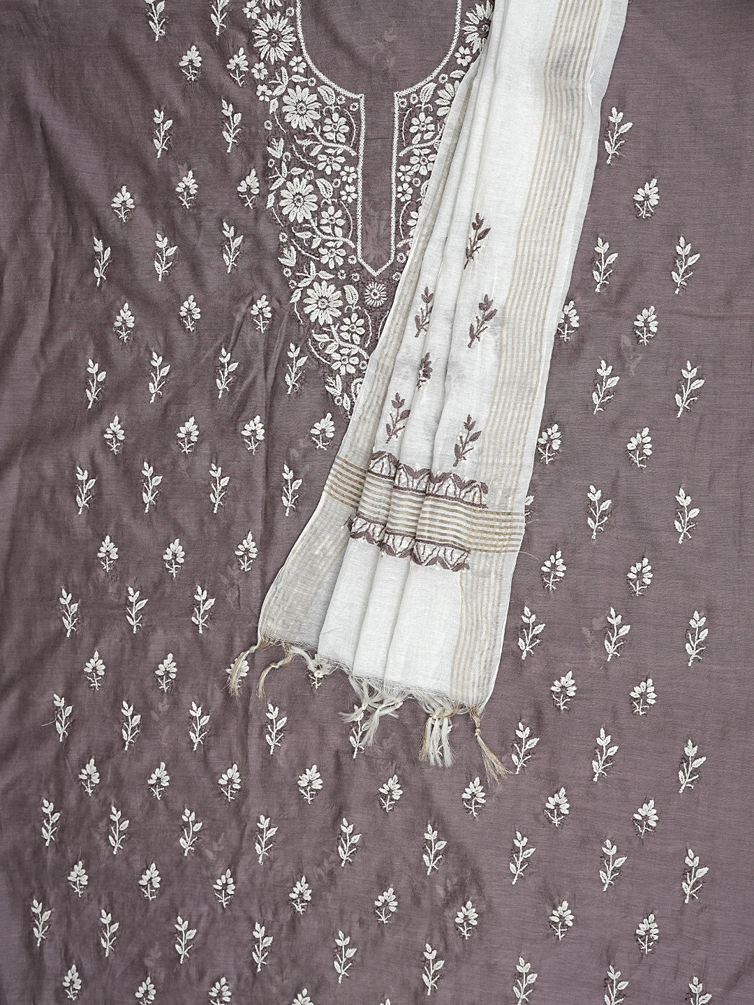 Ada Hand Embroidered Brown Chanderi Lucknowi Chikankari Unstitched Kurta Dupatta Set 01A879579