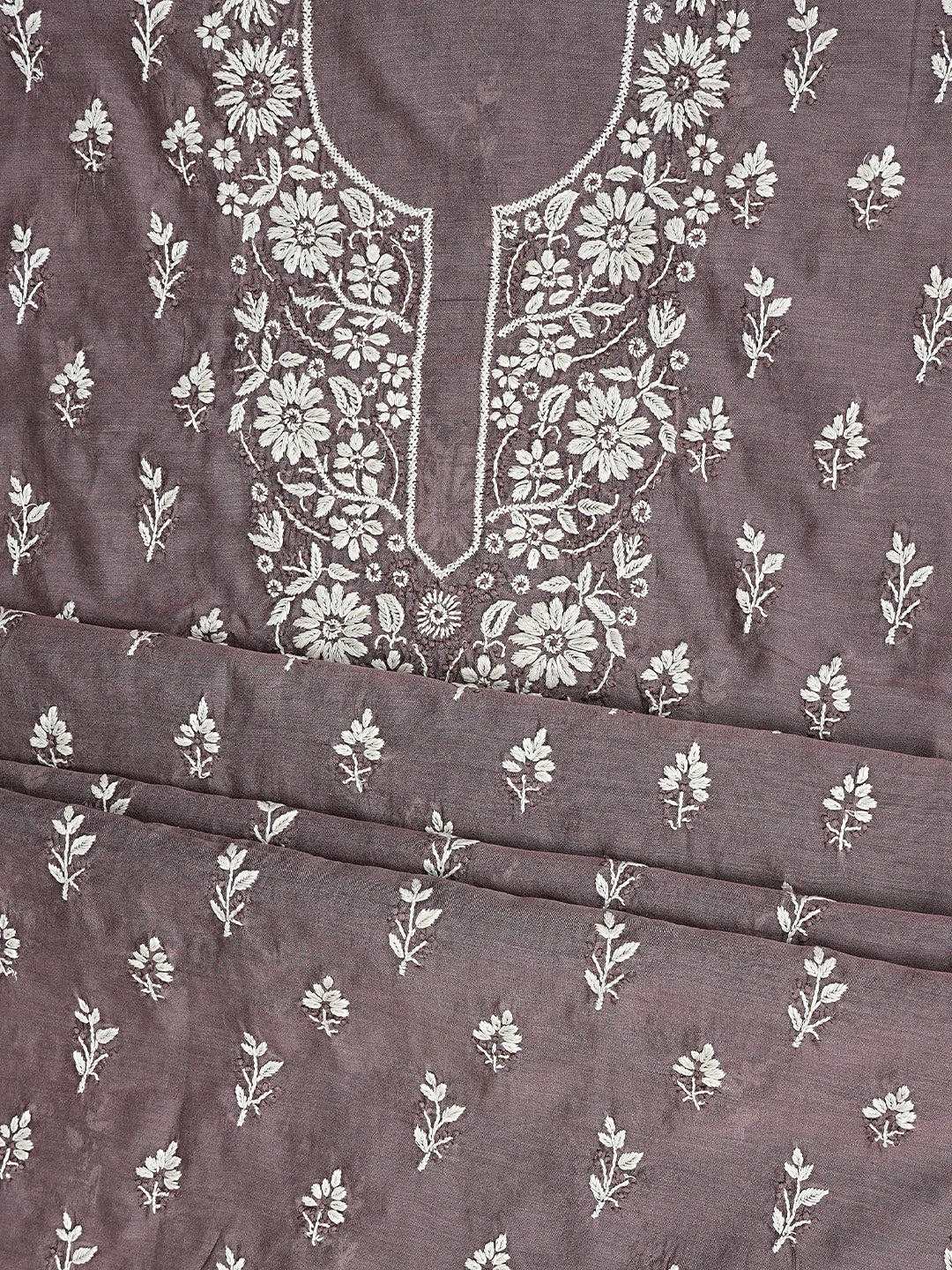 Ada Hand Embroidered Brown Chanderi Lucknowi Chikankari Unstitched Kurta Dupatta Set 01A879579
