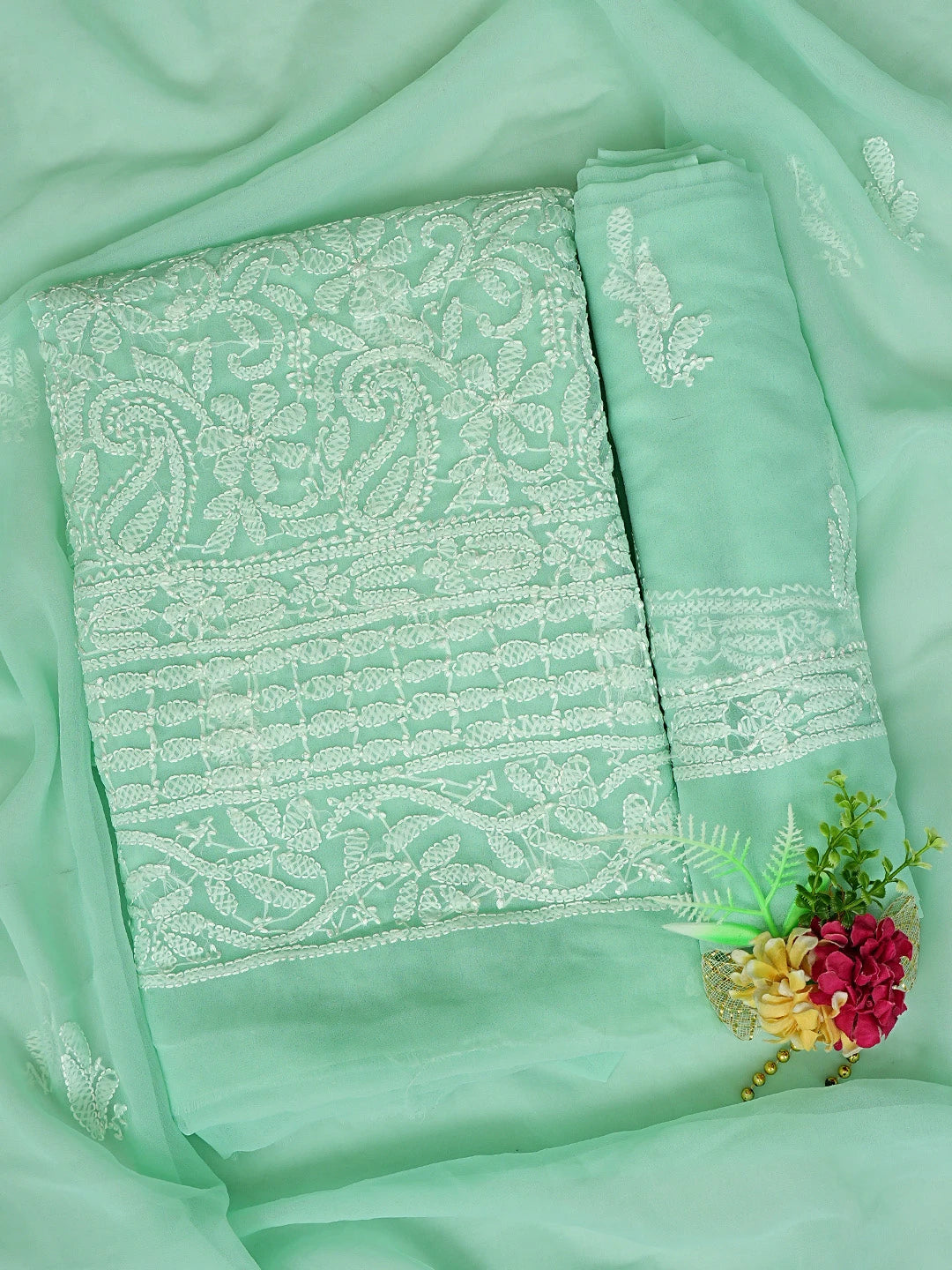 Ada Hand Embroidered Sea Green Georgette Lucknowi Chikankari Unstitched Suit Piece 01A878914