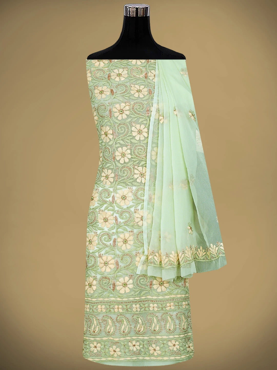 Ada Hand Embroidered Pista Green Georgette Lucknowi Chikankari Unstitched Suit Piece 01A896014