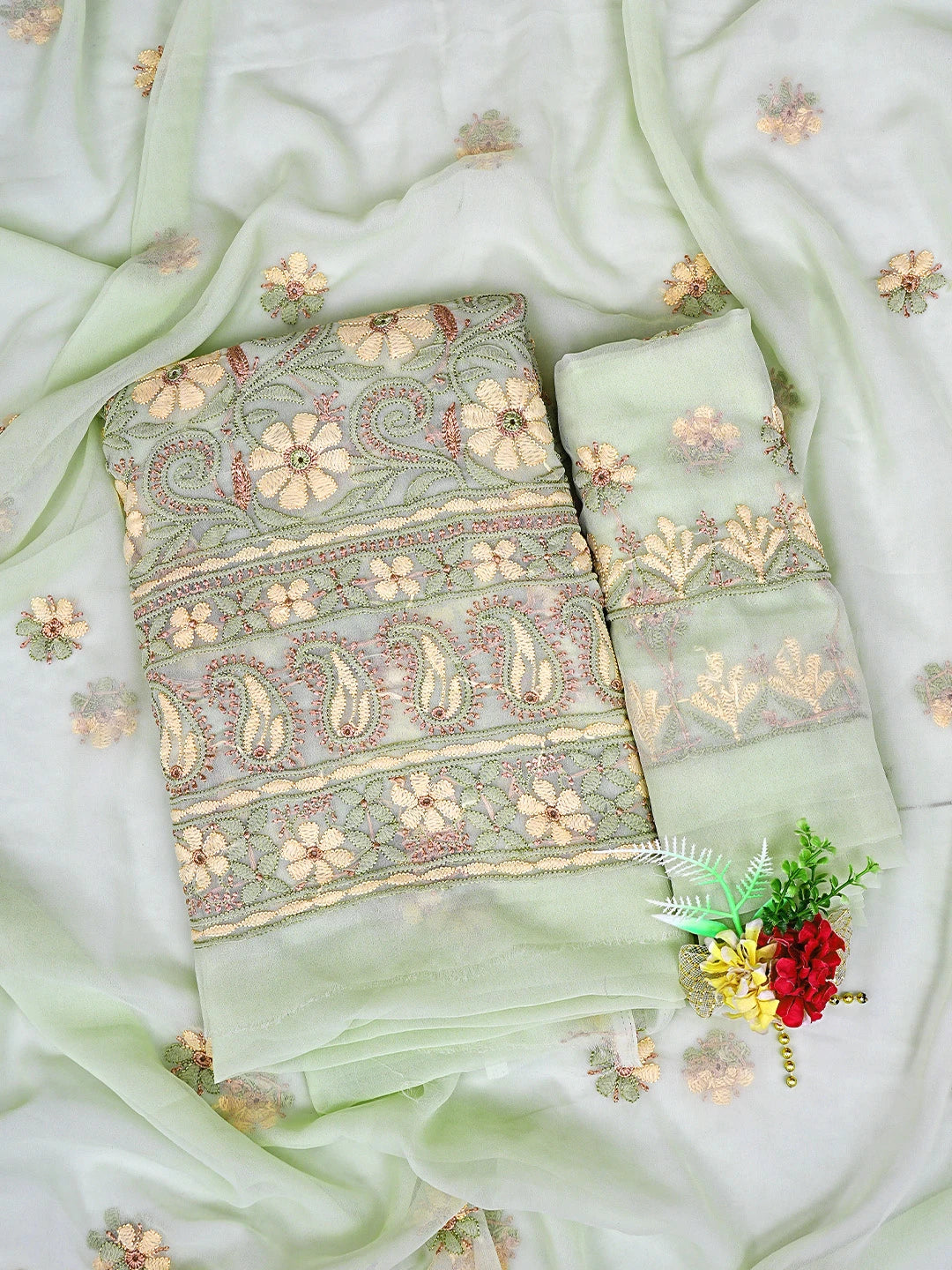 Ada Hand Embroidered Pista Green Georgette Lucknowi Chikankari Unstitched Suit Piece 01A896014