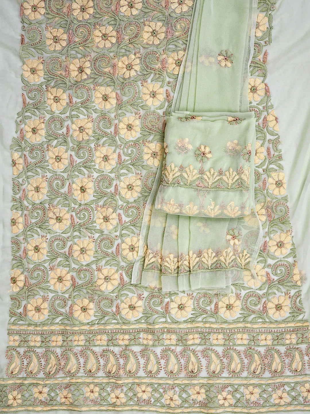 Ada Hand Embroidered Pista Green Georgette Lucknowi Chikankari Unstitched Suit Piece 01A896014
