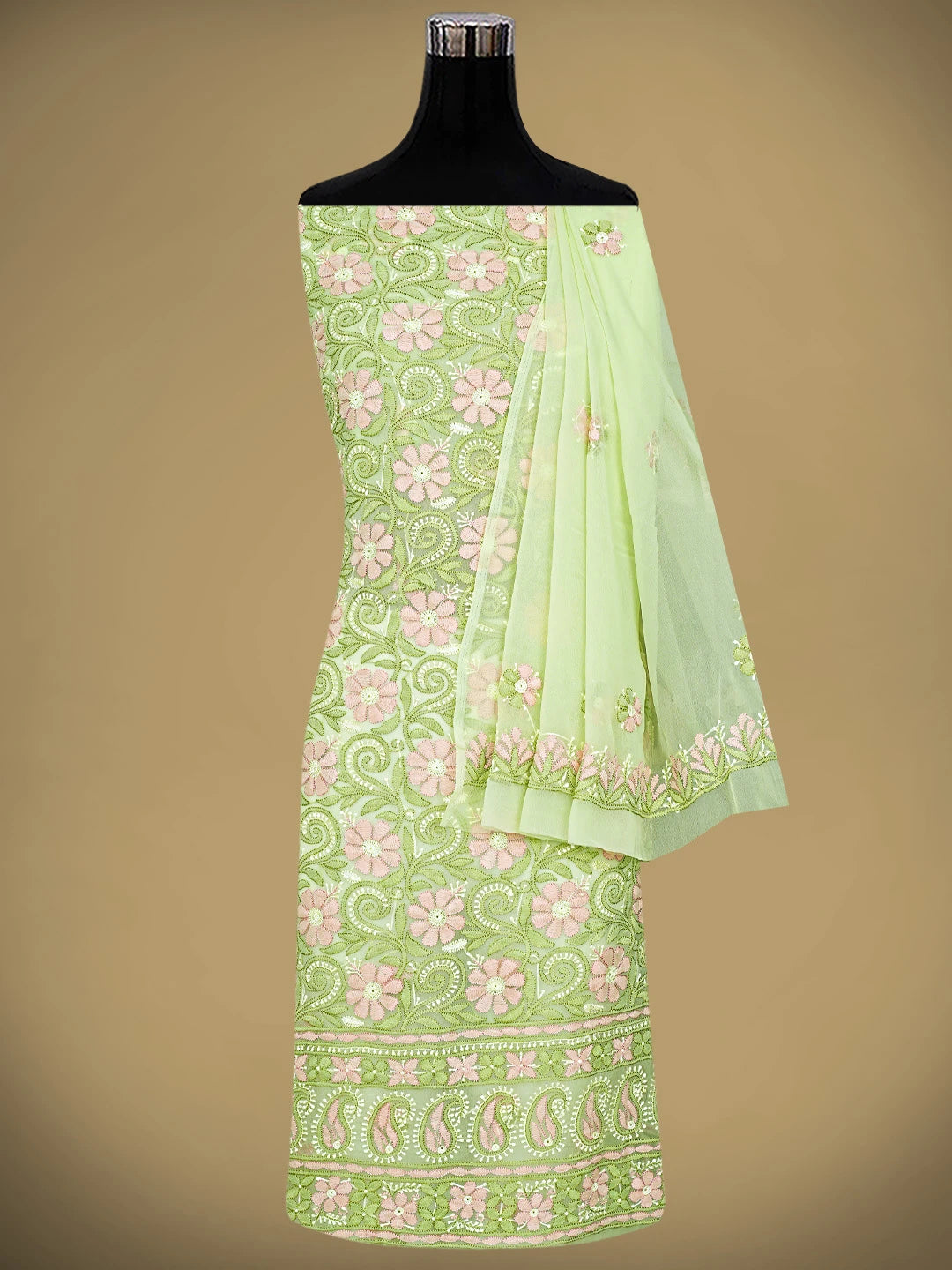 Ada Hand Embroidered Green Georgette Lucknowi Chikankari Unstitched Suit Piece 01A896009