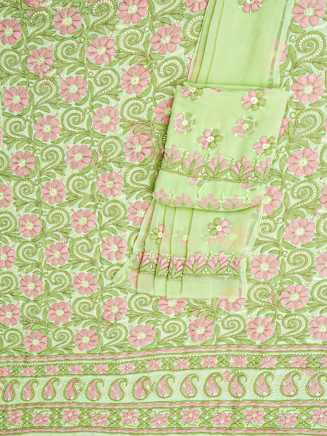 Ada Hand Embroidered Green Georgette Lucknowi Chikankari Unstitched Suit Piece 01A896009