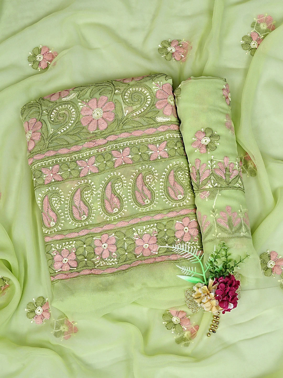 Ada Hand Embroidered Green Georgette Lucknowi Chikankari Unstitched Suit Piece 01A896009