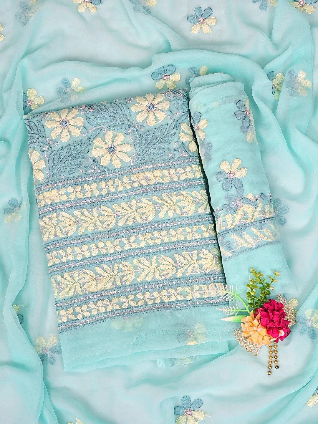 Ada Hand Embroidered Sea Green Georgette Lucknowi Chikankari Unstitched Suit Piece 01A896012