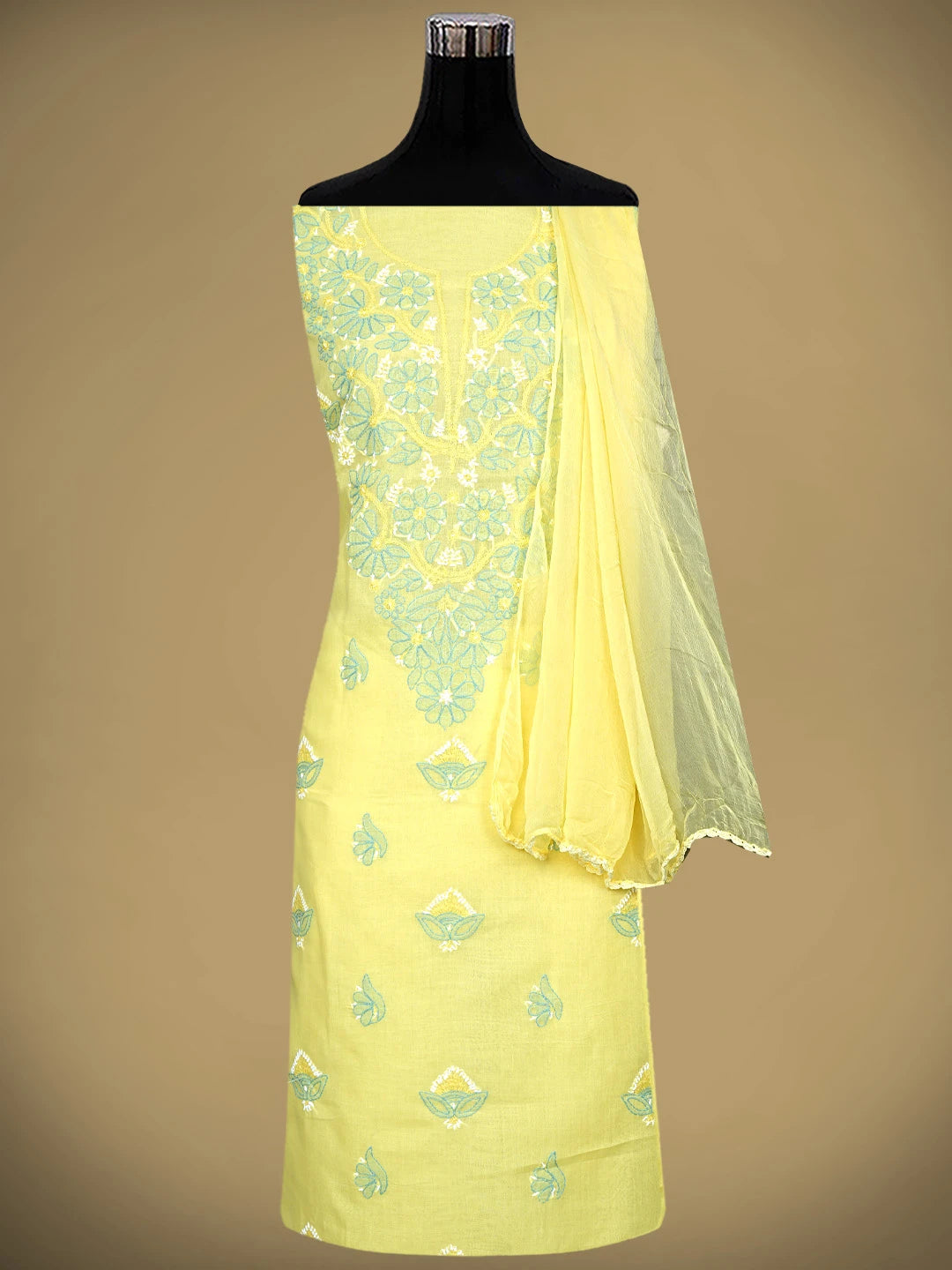 Ada Hand Embroidered Yellow Cotton Lucknowi Chikankari Unstitched Suit Piece with Chiffon Dupatta 01A879374