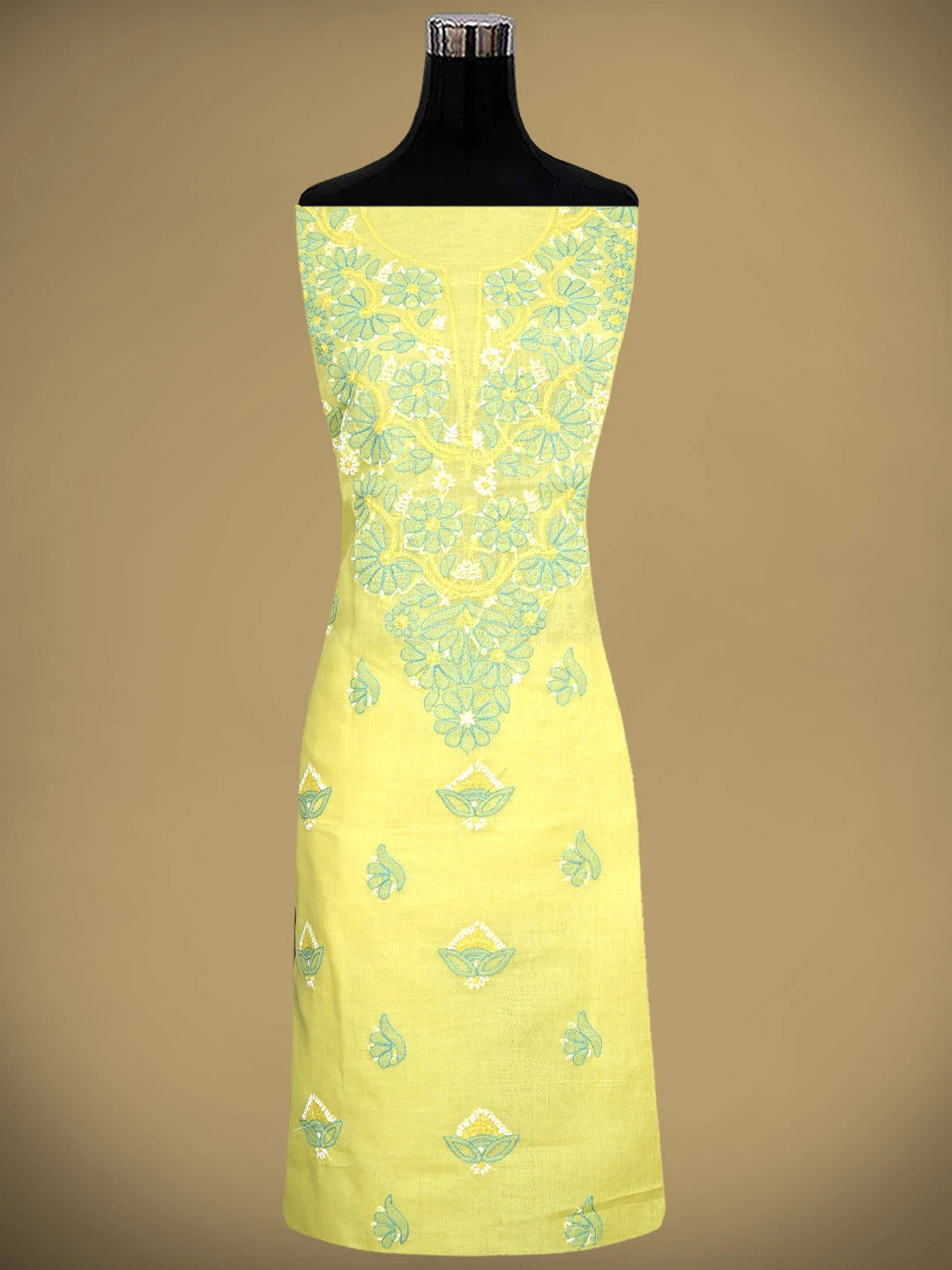 Ada Hand Embroidered Yellow Cotton Lucknowi Chikankari Unstitched Suit Piece with Chiffon Dupatta 01A879374