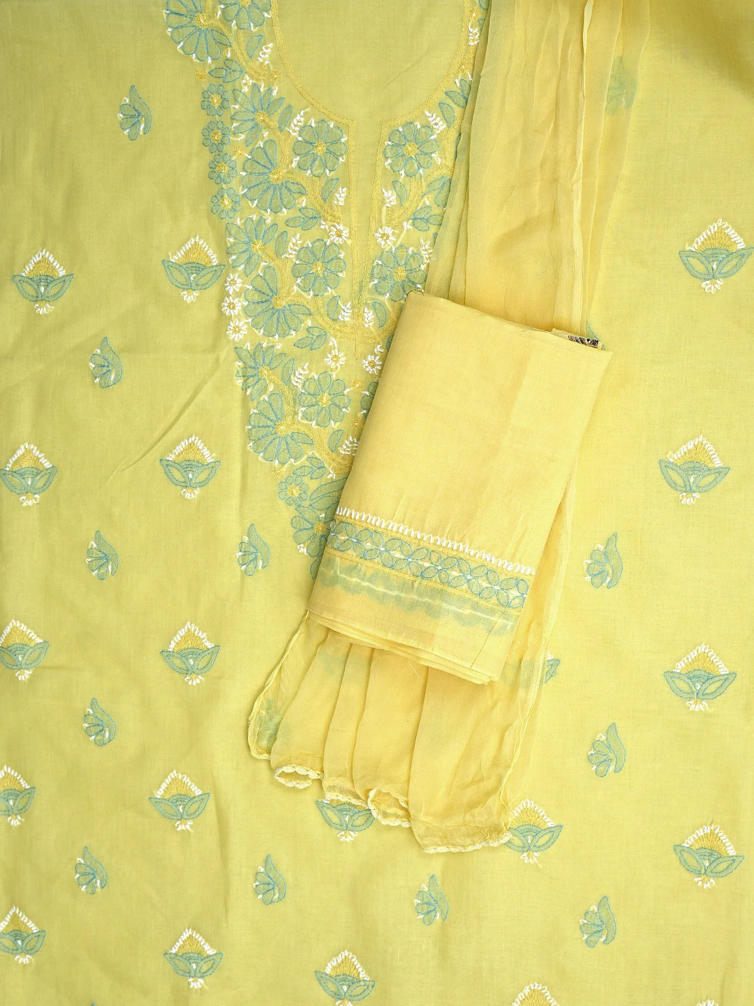 Ada Hand Embroidered Yellow Cotton Lucknowi Chikankari Unstitched Suit Piece with Chiffon Dupatta 01A879374
